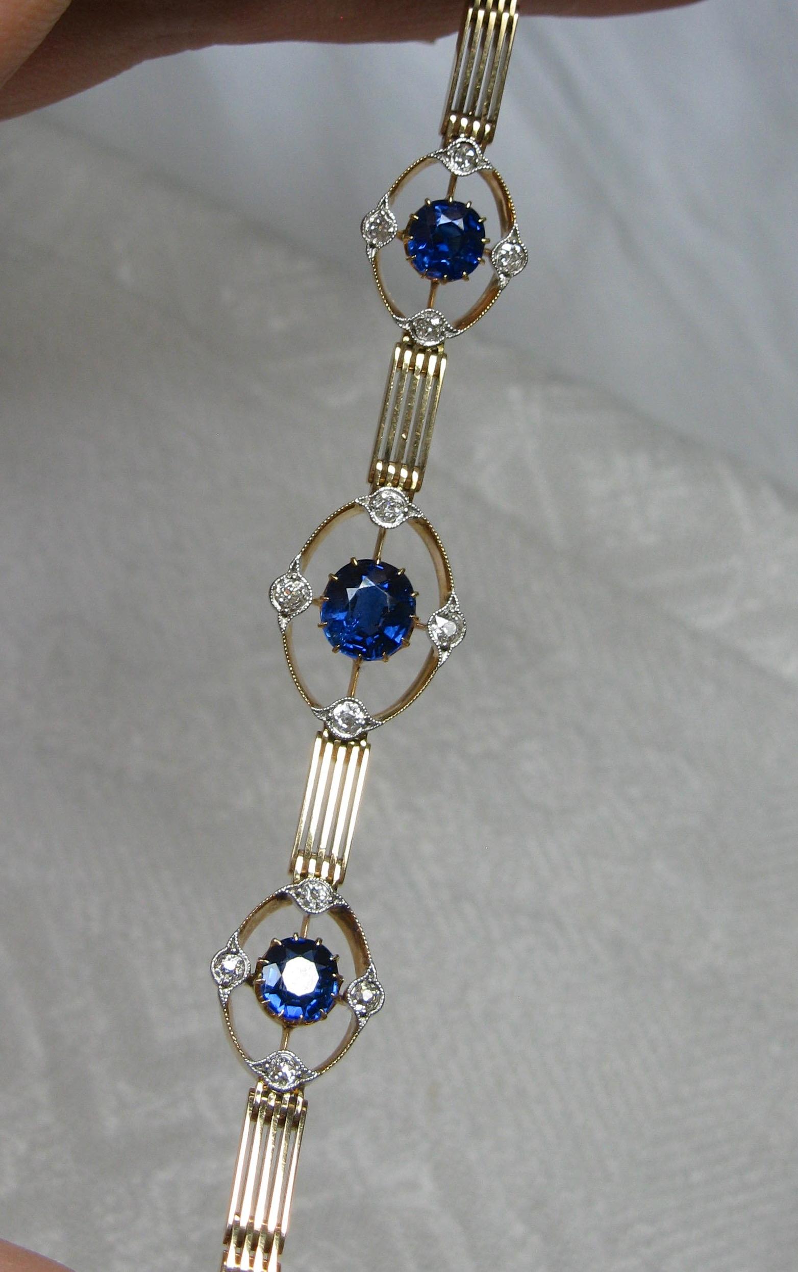 Women's Art Deco 3.1 Carat Sapphire Diamond Bracelet 15 Karat Gold Edwardian For Sale