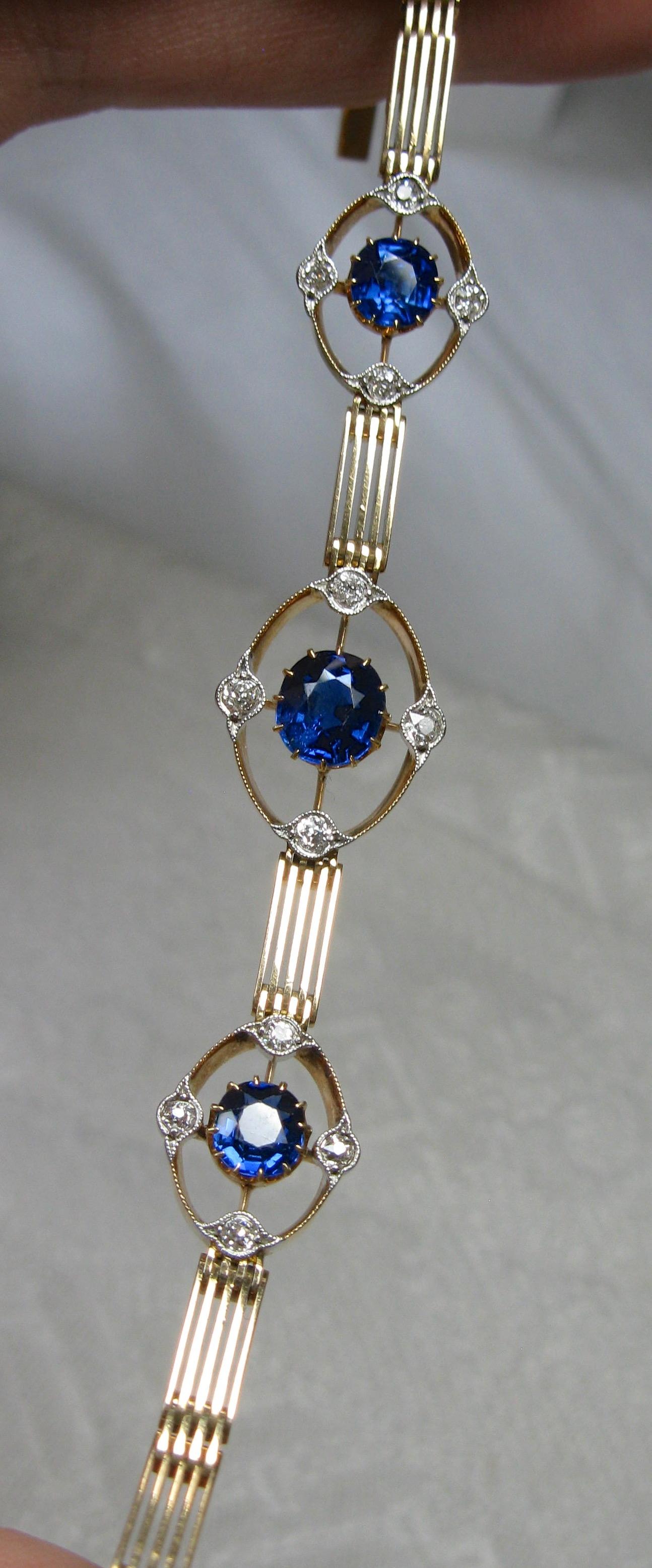 Art Deco 3.1 Carat Sapphire Diamond Bracelet 15 Karat Gold Edwardian For Sale 1