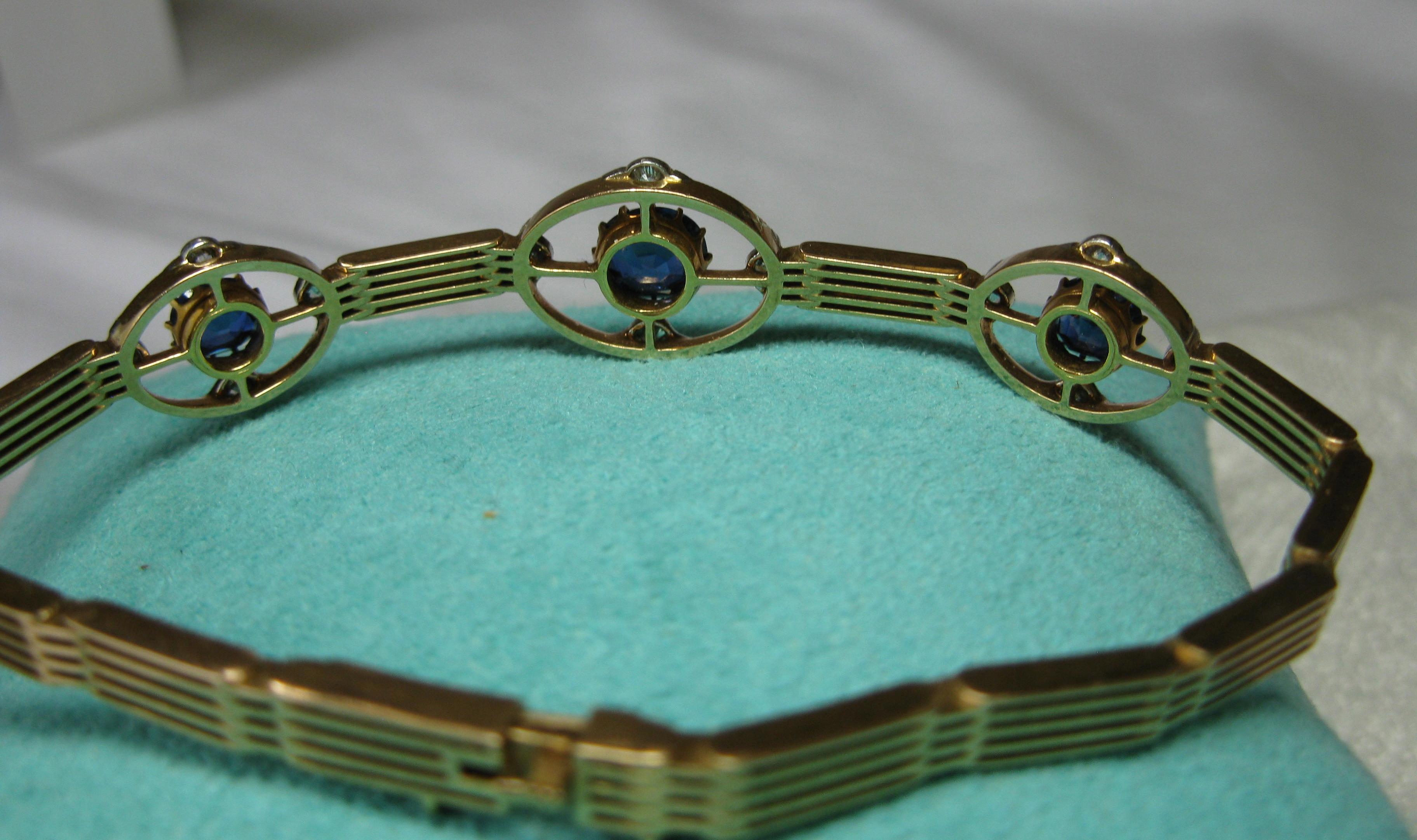 Art Deco 3.1 Carat Sapphire Diamond Bracelet 15 Karat Gold Edwardian For Sale 2