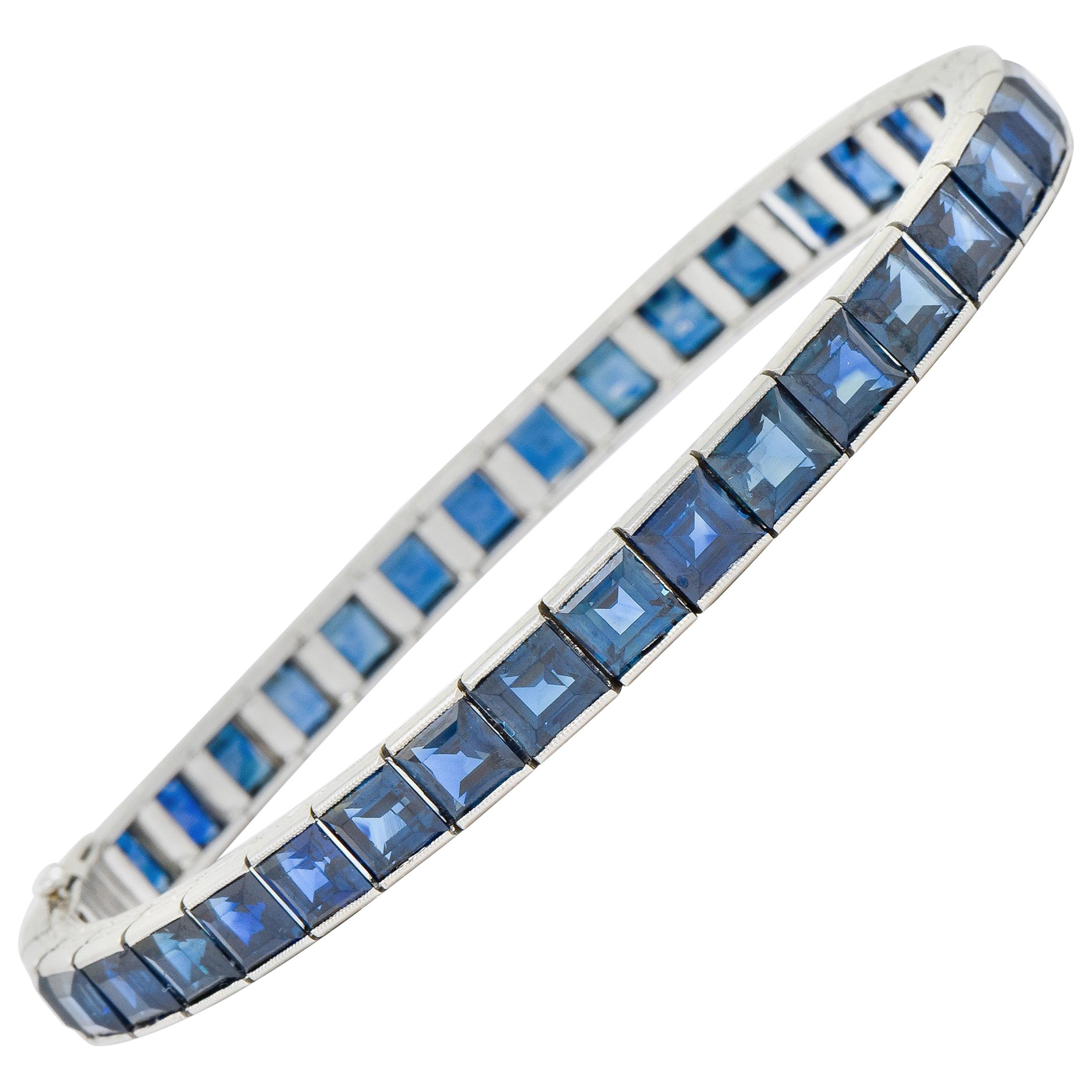 Art Deco 31.25 Carat Blue Sapphire Platinum Foliate Line Bracelet