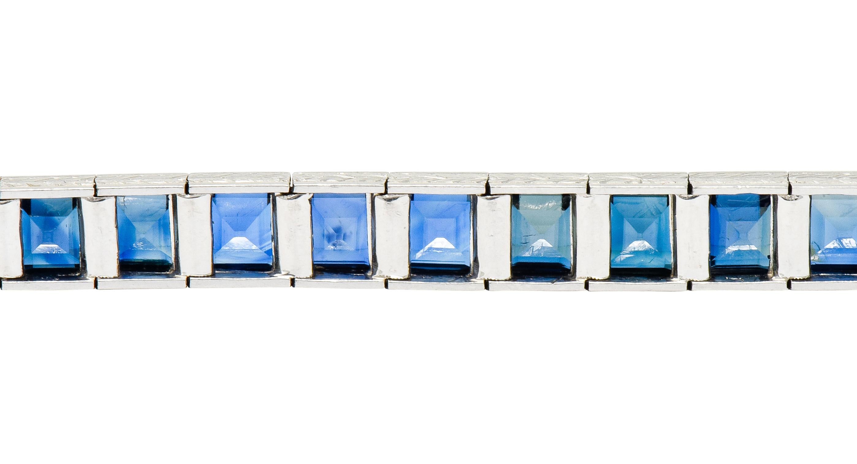 Art Deco 31.25 Carat Blue Sapphire Platinum Foliate Line Bracelet 5
