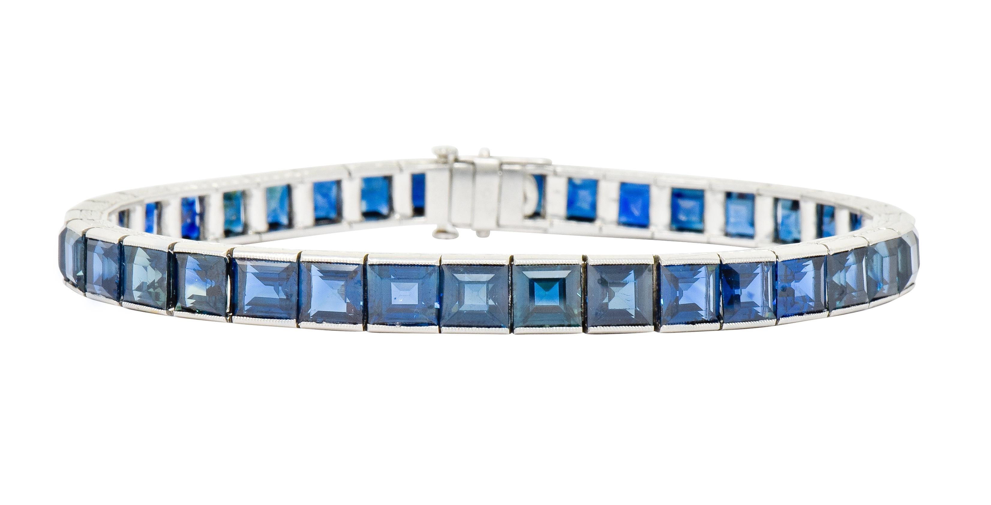 Square Cut Art Deco 31.25 Carat Blue Sapphire Platinum Foliate Line Bracelet