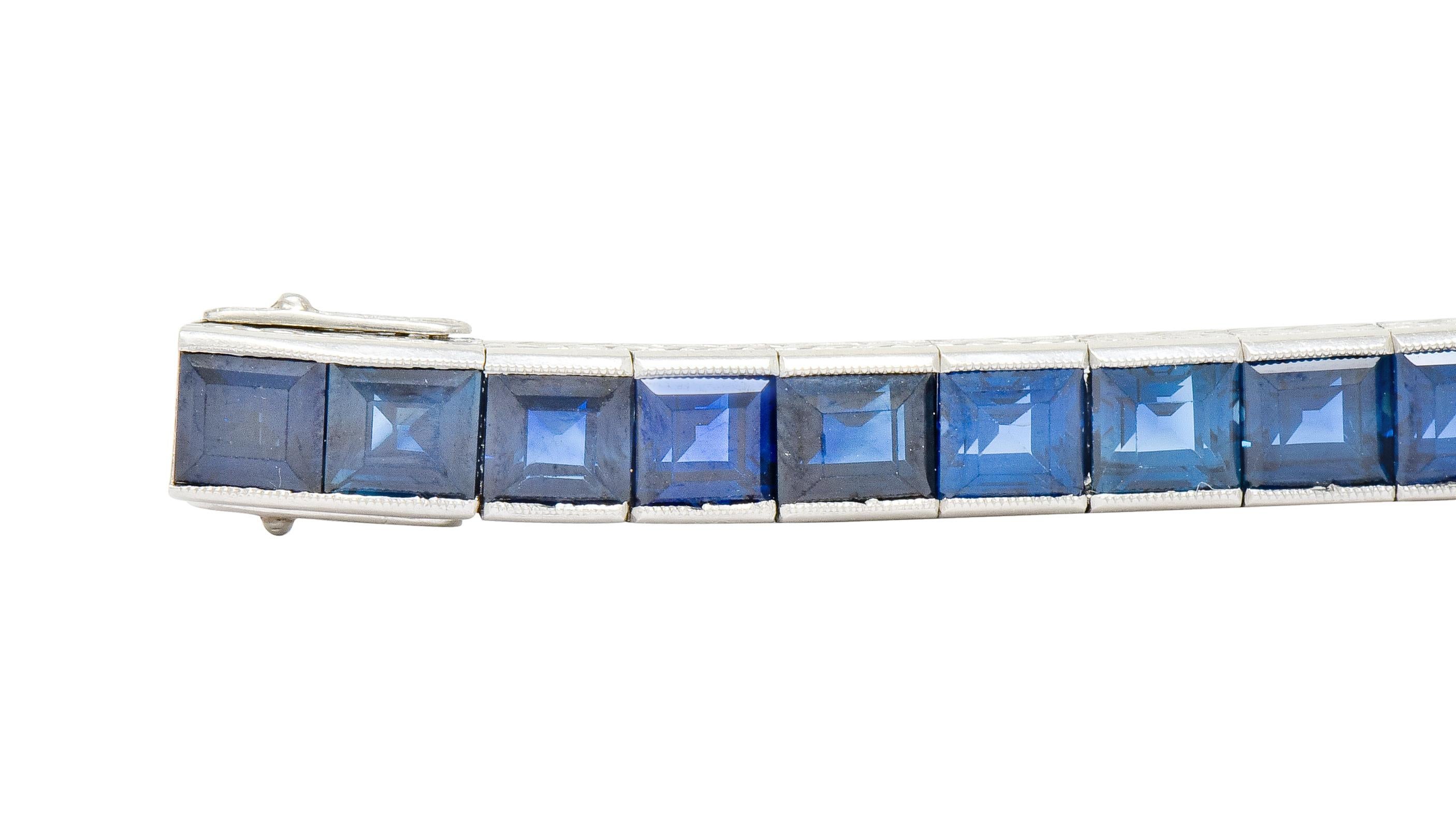 Women's or Men's Art Deco 31.25 Carat Blue Sapphire Platinum Foliate Line Bracelet
