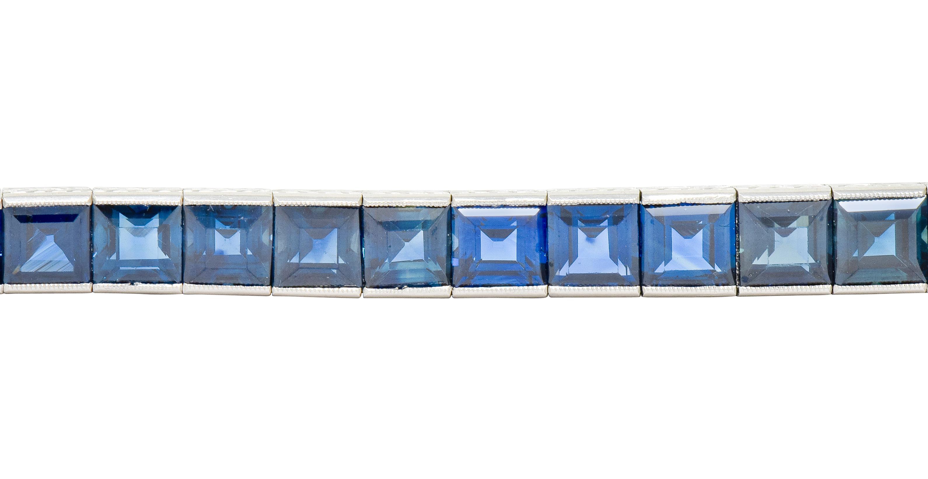 Art Deco 31.25 Carat Blue Sapphire Platinum Foliate Line Bracelet 1