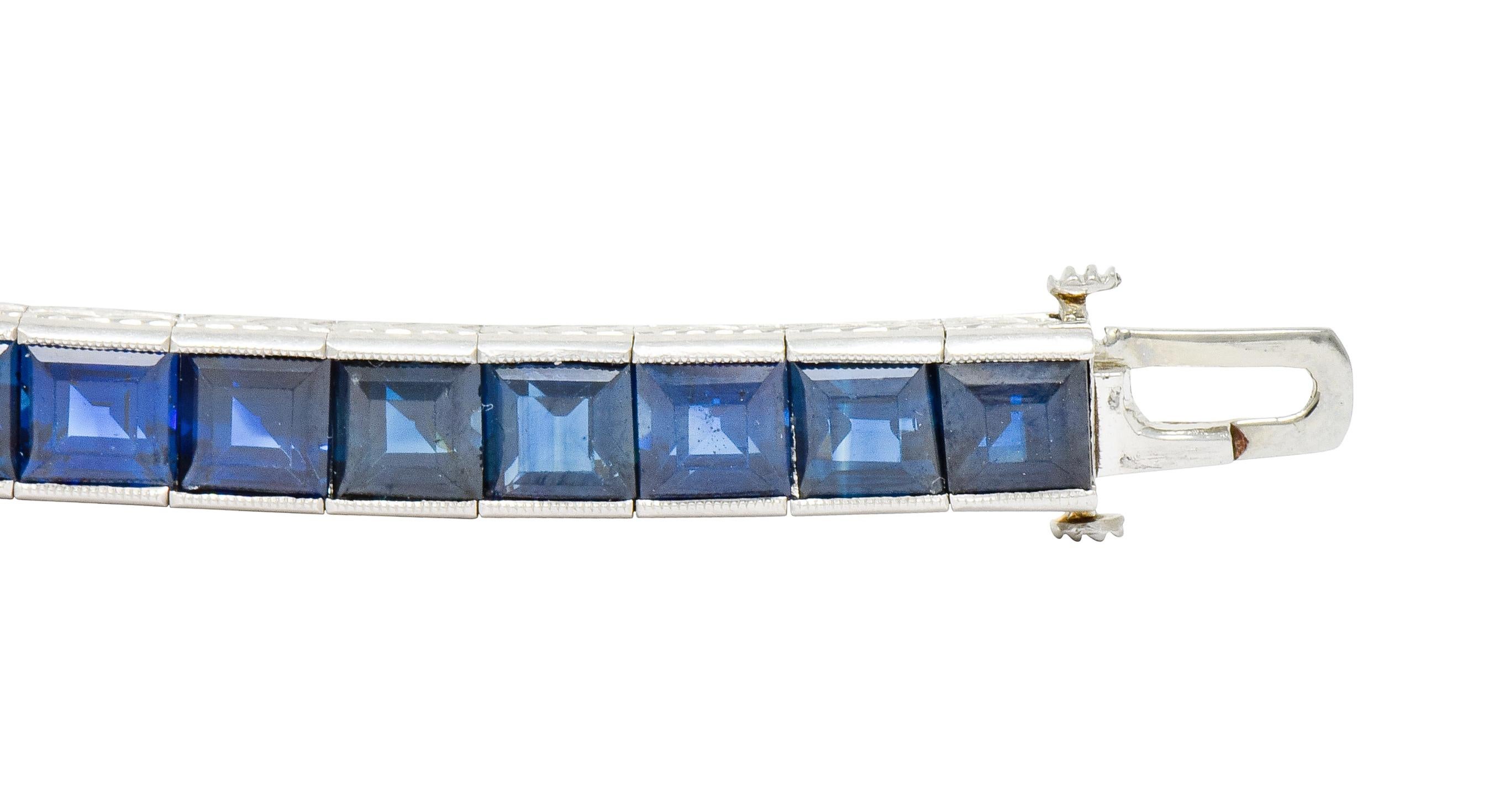 Art Deco 31.25 Carat Blue Sapphire Platinum Foliate Line Bracelet 2