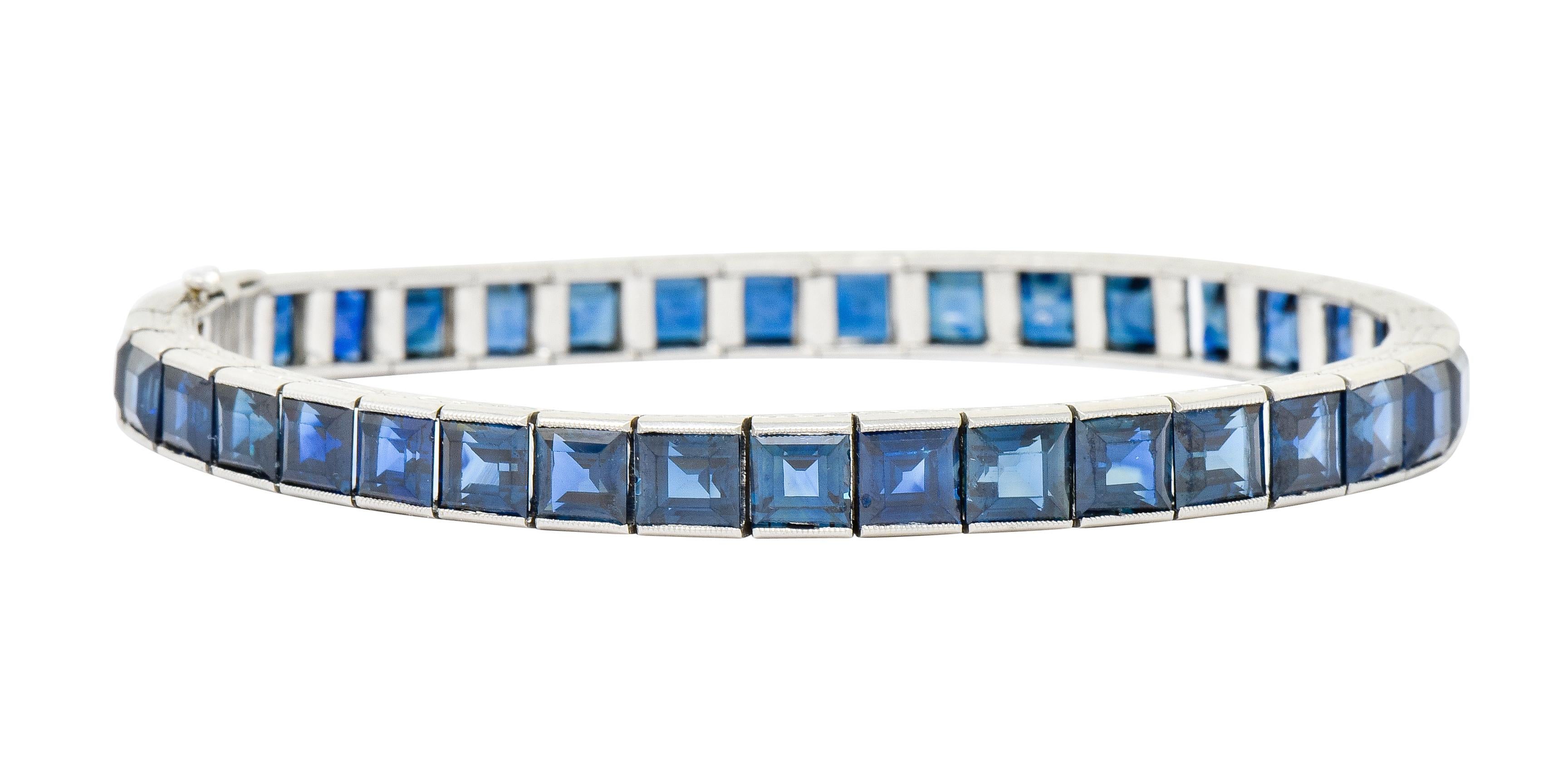 Art Deco 31.25 Carat Blue Sapphire Platinum Foliate Line Bracelet 3