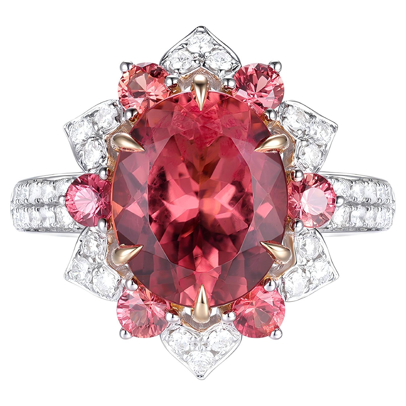 Anillo Art Déco de turmalina y zafiro rosa de 3,15 quilates en oro blanco de 18 quilates