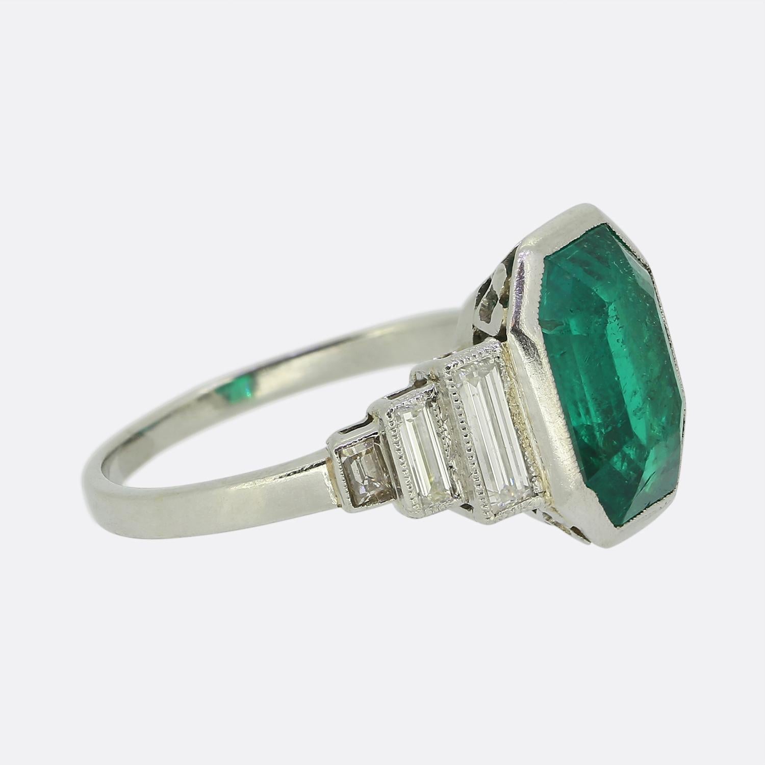 Emerald Cut Art Deco 3.16 Carat Emerald and Diamond Ring