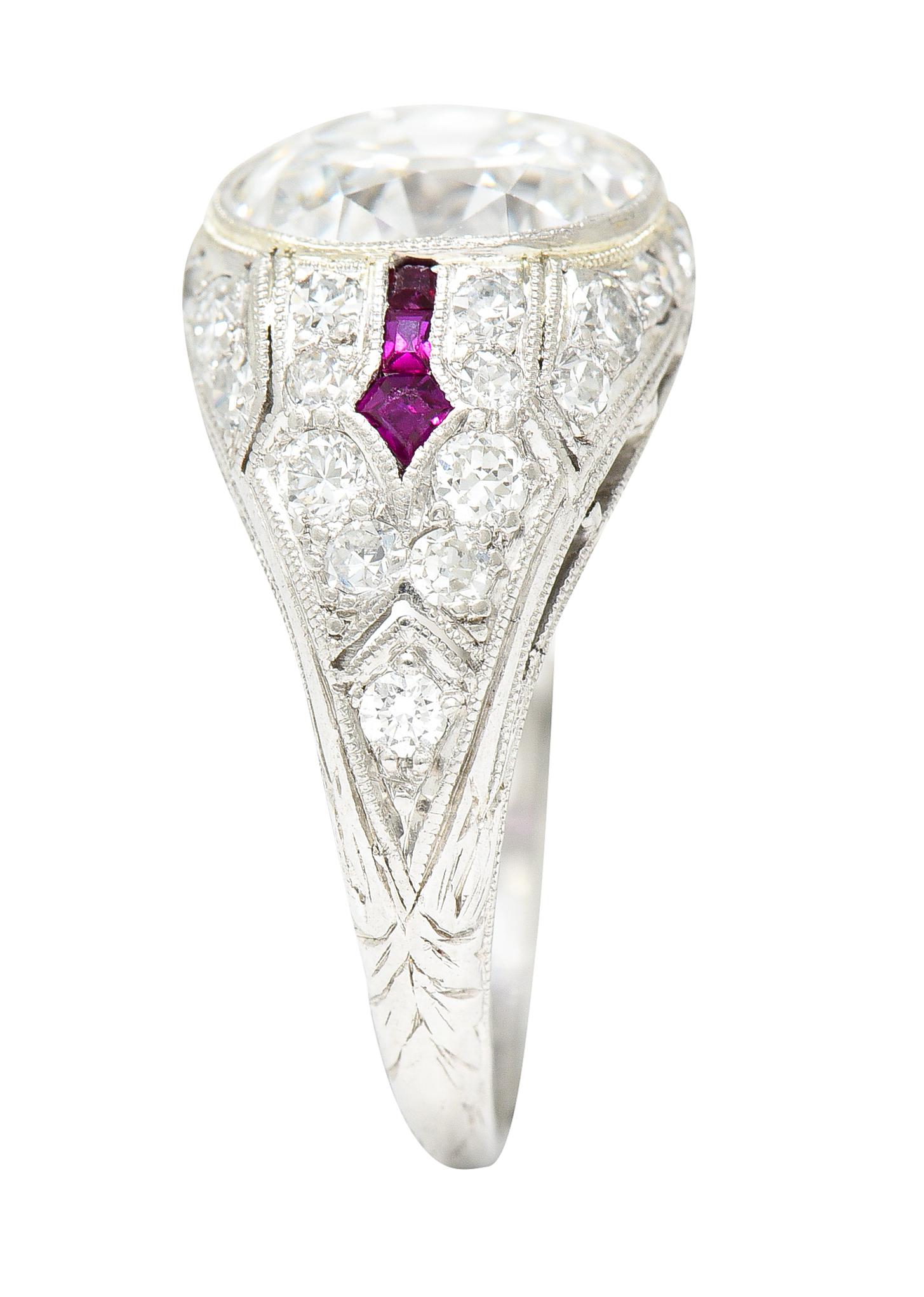Art Deco 3.16 Carats Old Mine Cut Diamond Ruby Arrow Platinum Engagement Ring  For Sale 6