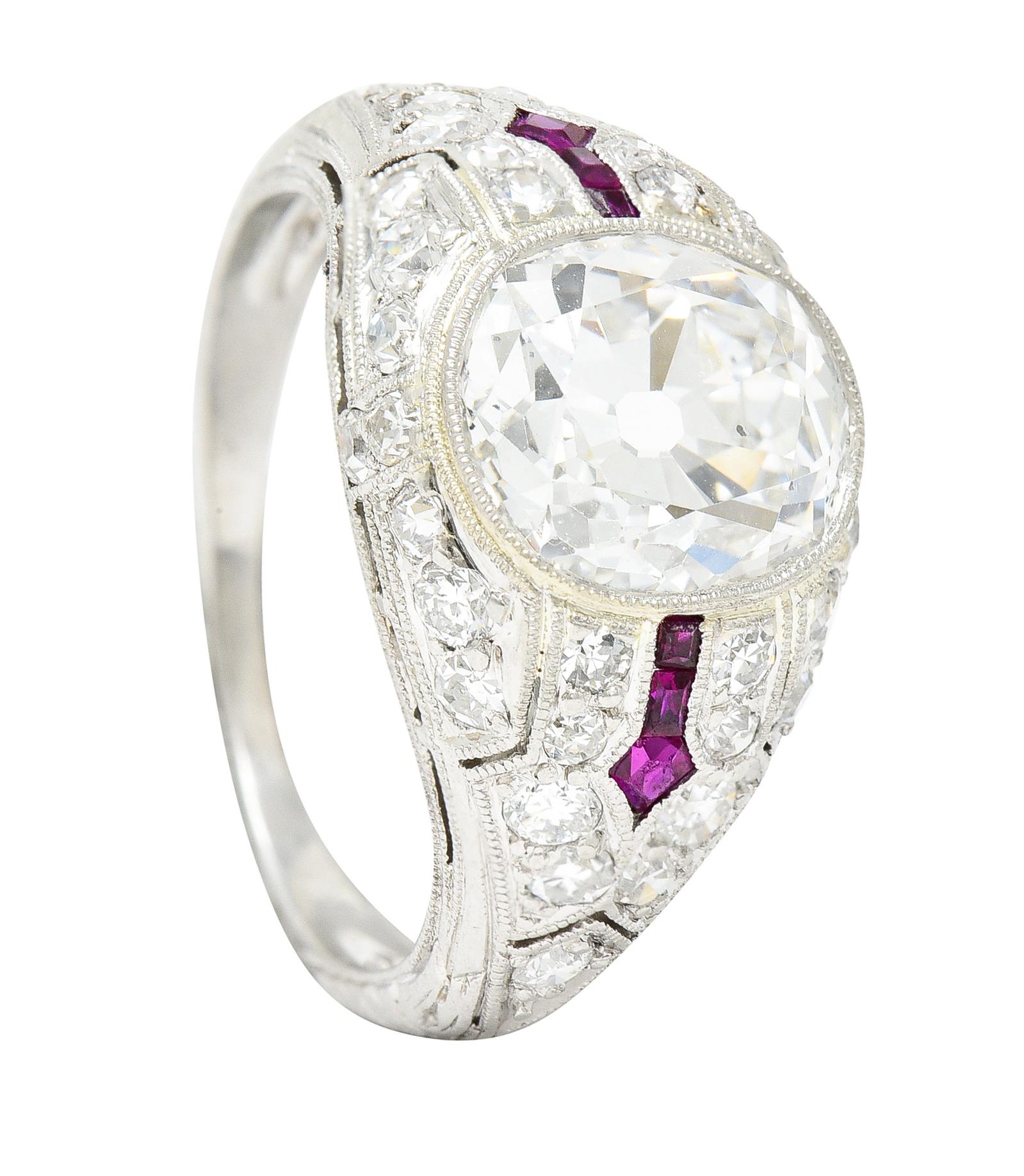 Art Deco 3.16 Carats Old Mine Cut Diamond Ruby Arrow Platinum Engagement Ring  For Sale 7