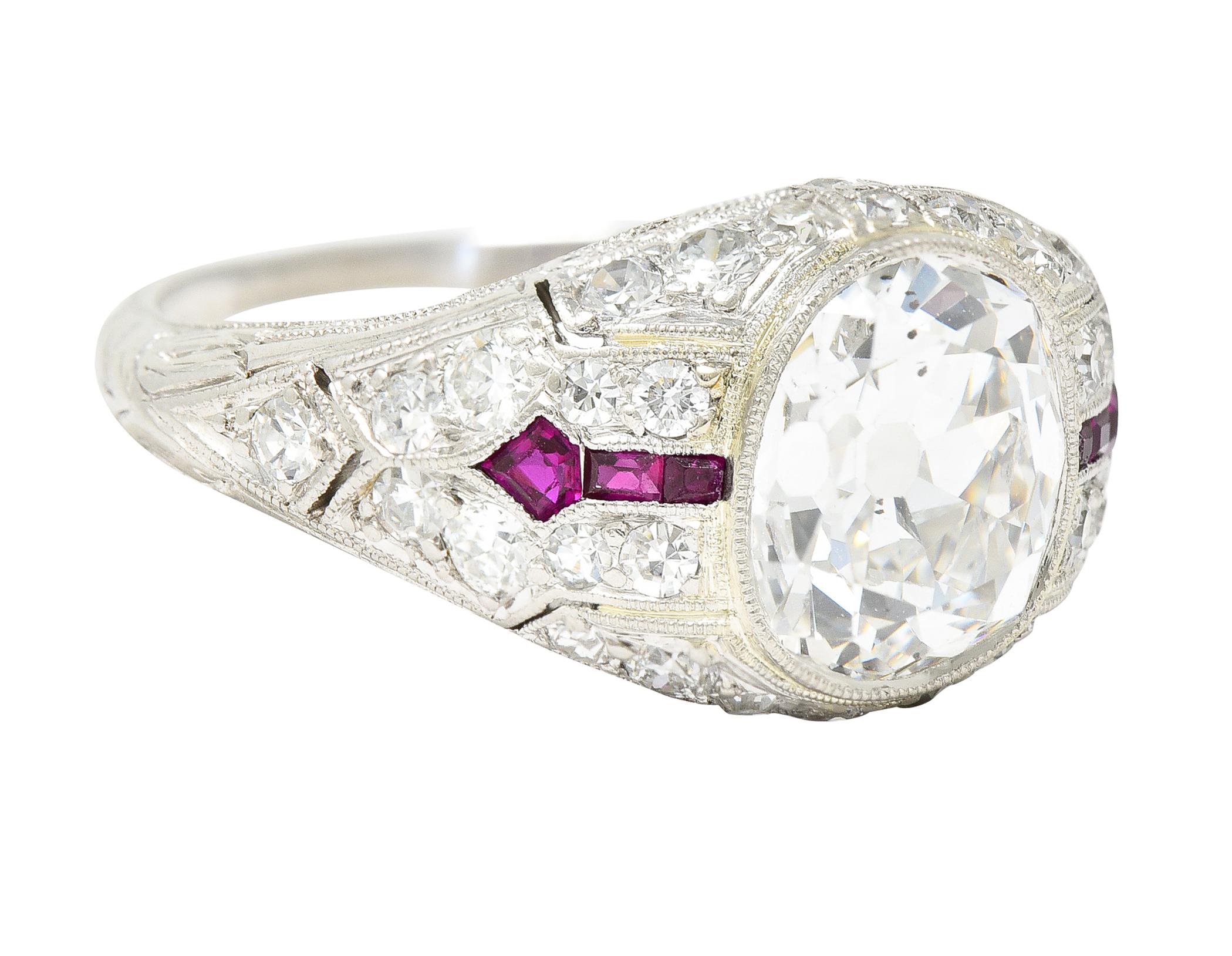 Art Deco 3.16 Carats Old Mine Cut Diamond Ruby Arrow Platinum Engagement Ring  In Excellent Condition For Sale In Philadelphia, PA
