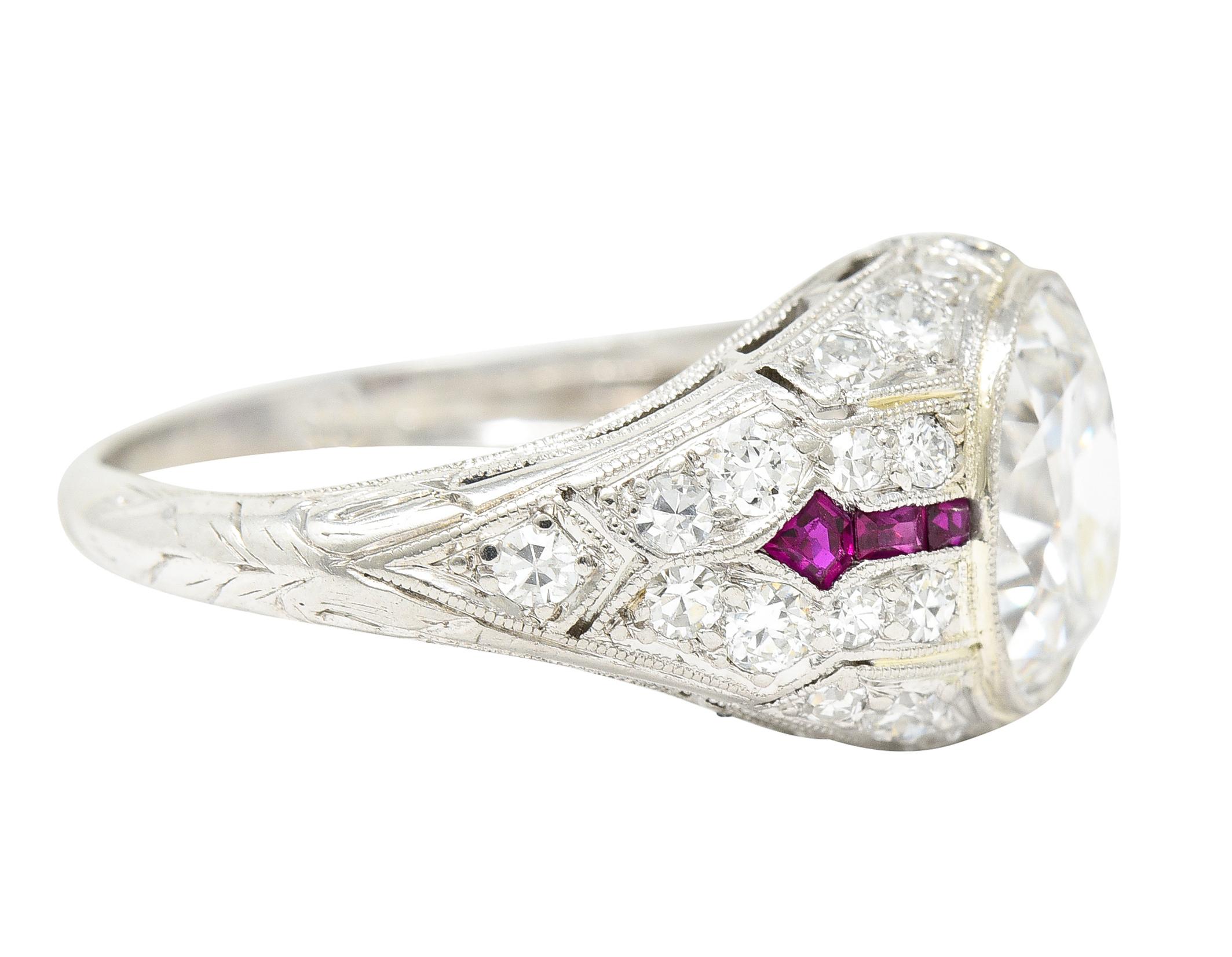 Women's or Men's Art Deco 3.16 Carats Old Mine Cut Diamond Ruby Arrow Platinum Engagement Ring  For Sale