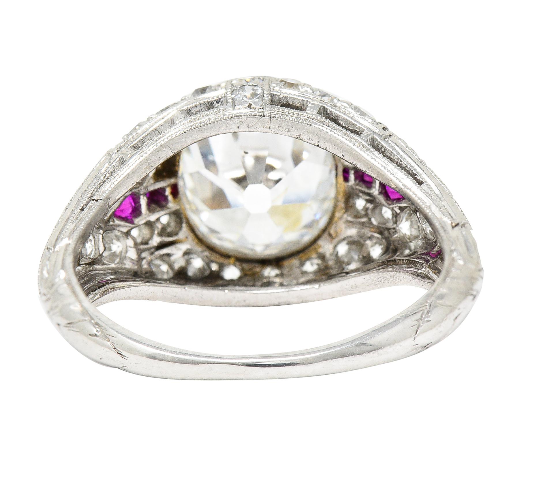 Art Deco 3.16 Carats Old Mine Cut Diamond Ruby Arrow Platinum Engagement Ring  For Sale 1