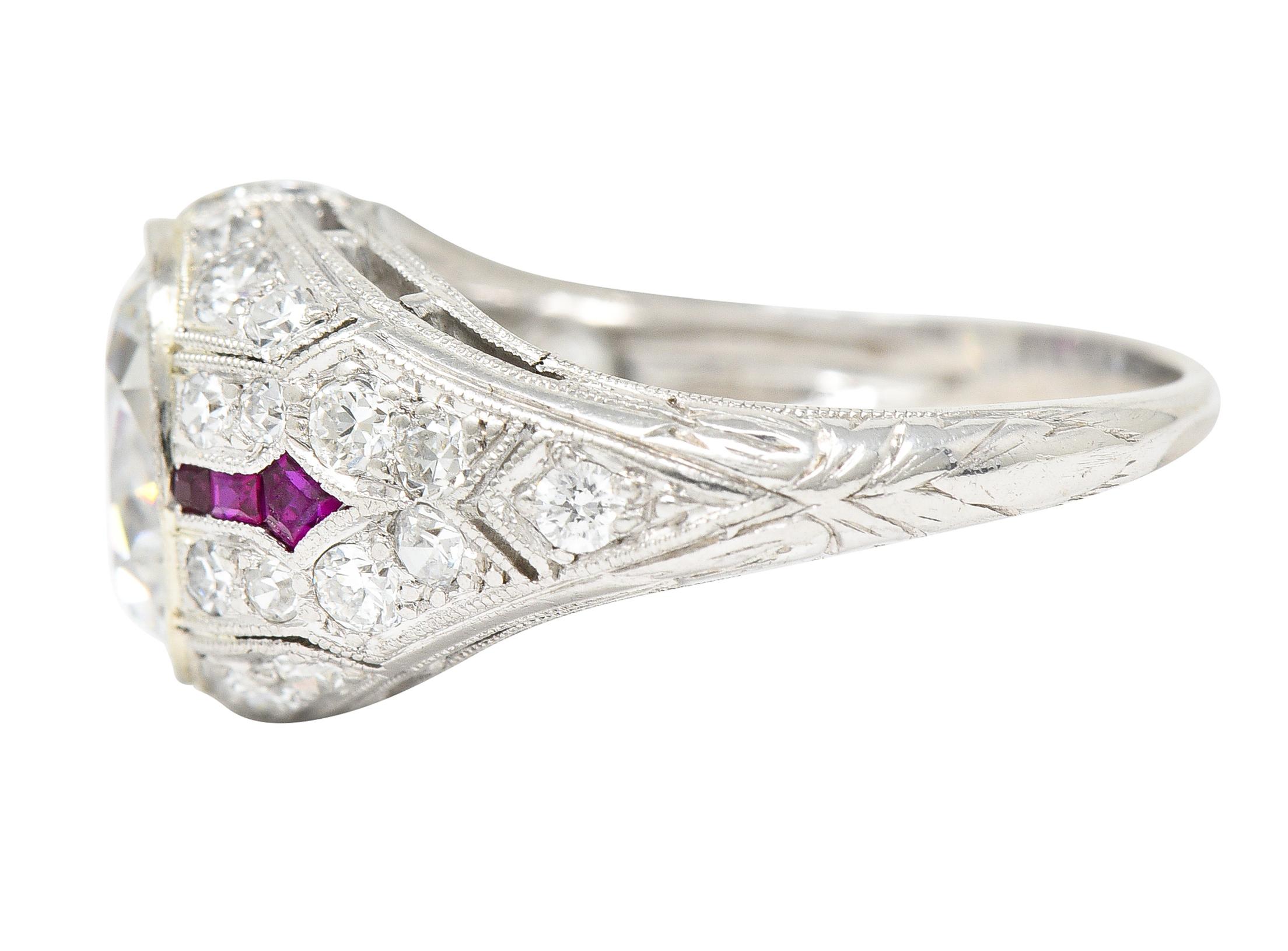Art Deco 3.16 Carats Old Mine Cut Diamond Ruby Arrow Platinum Engagement Ring  For Sale 2