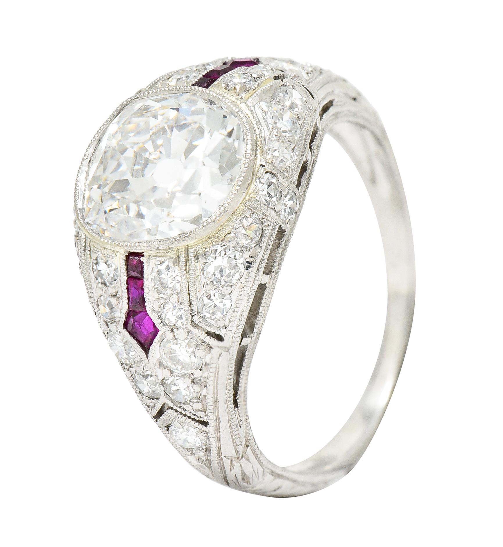 Art Deco 3.16 Carats Old Mine Cut Diamond Ruby Arrow Platinum Engagement Ring  For Sale 4