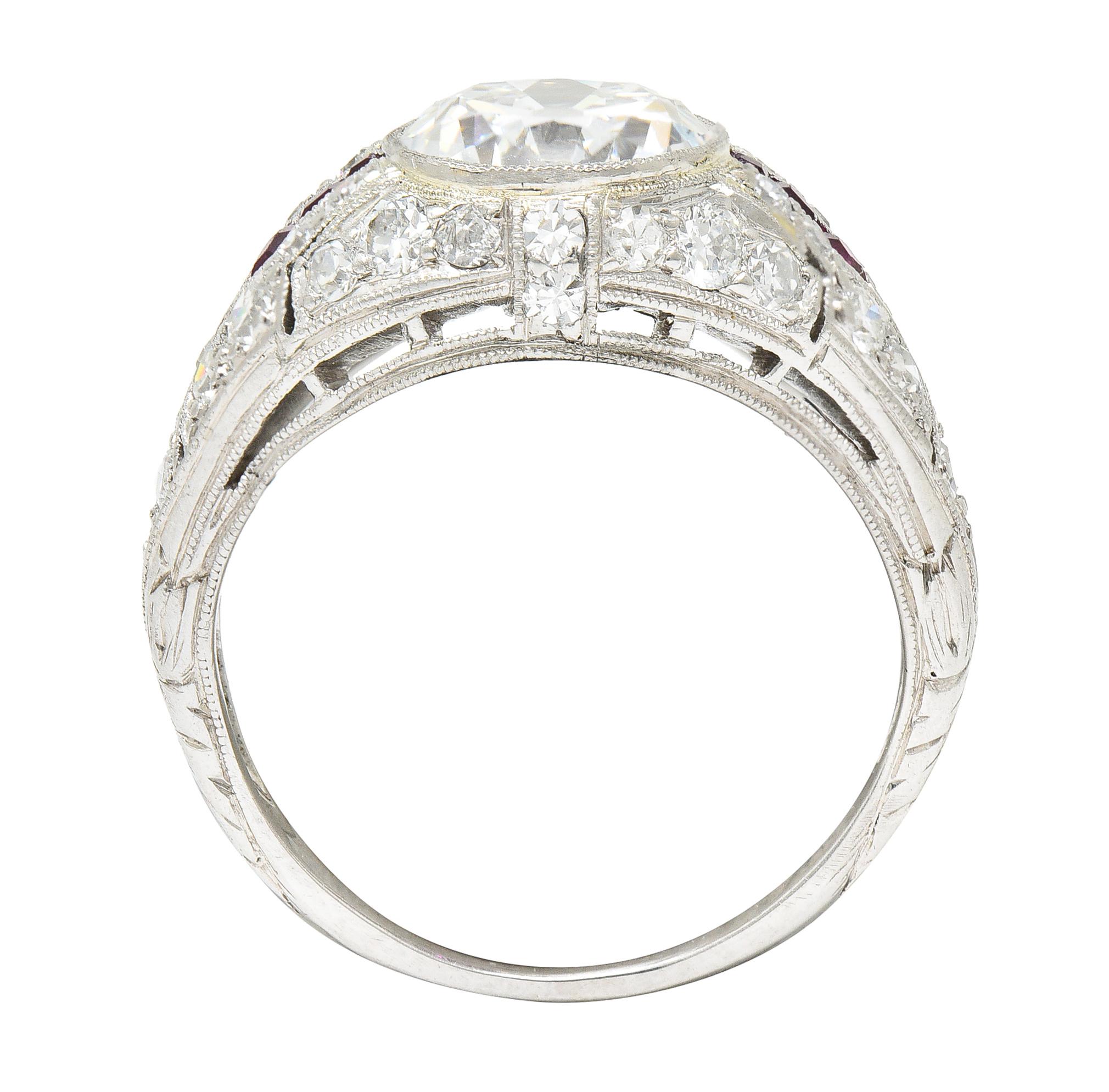Art Deco 3.16 Carats Old Mine Cut Diamond Ruby Arrow Platinum Engagement Ring  For Sale 5