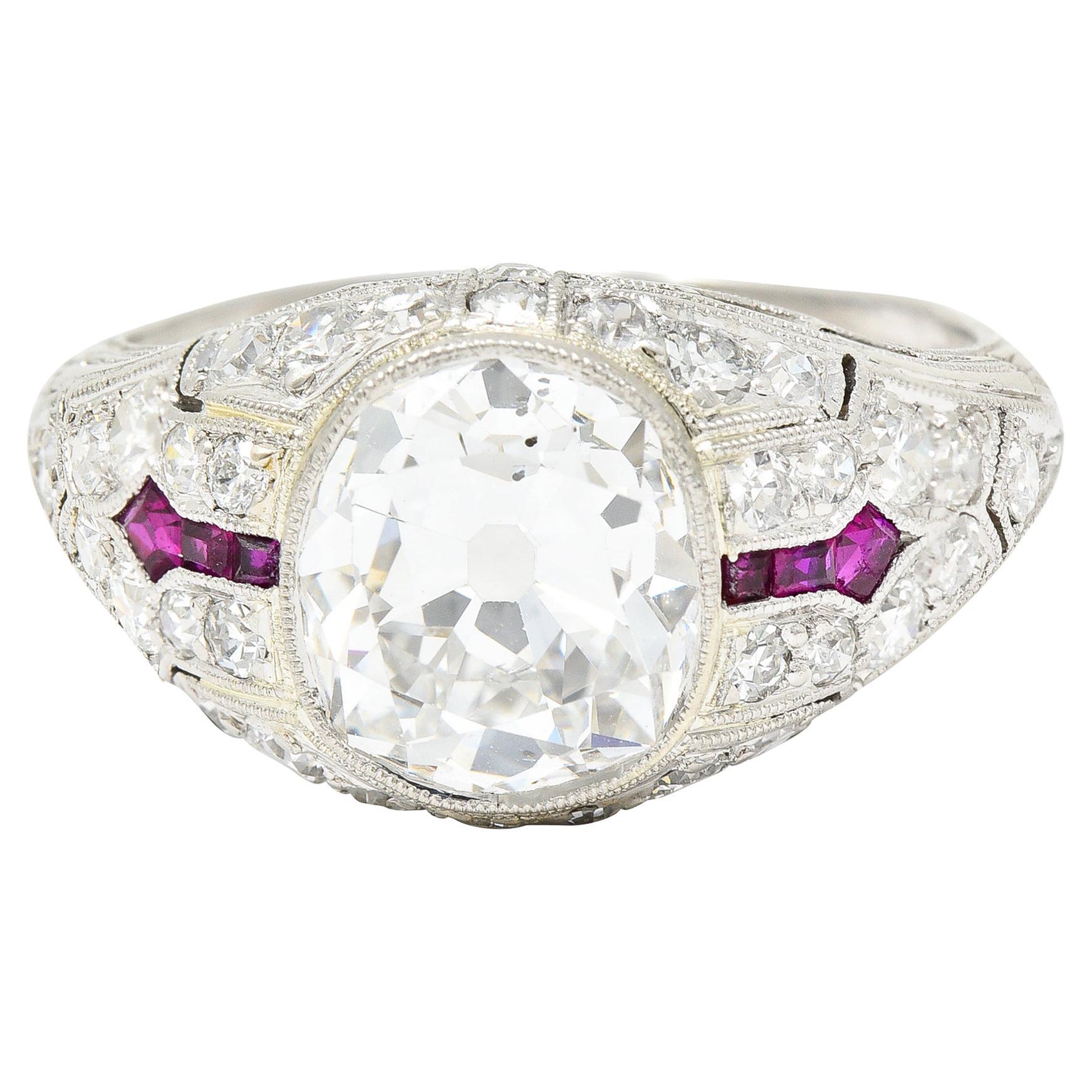 Art Deco 3.16 Carats Old Mine Cut Diamond Ruby Arrow Platinum Engagement Ring  For Sale