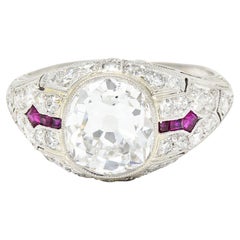 Art Deco 3.16 Carats Old Mine Cut Diamond Ruby Arrow Platinum Engagement Ring 