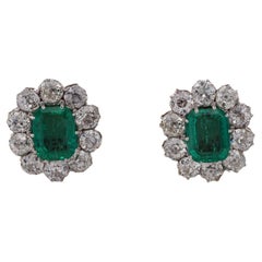 Art Deco 3.16 Ct Certified Colombian Emerald 4.40 Ct Old Mine Diamond Studs