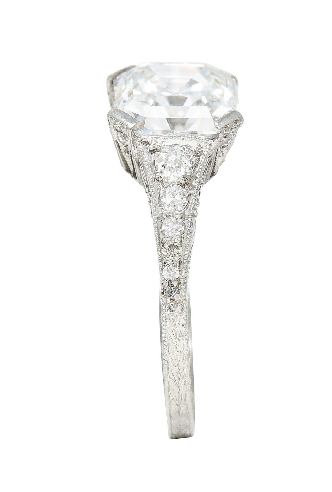 Art Deco 3.17 Carats Asscher Diamond Platinum Engagement Ring GIA For Sale 4