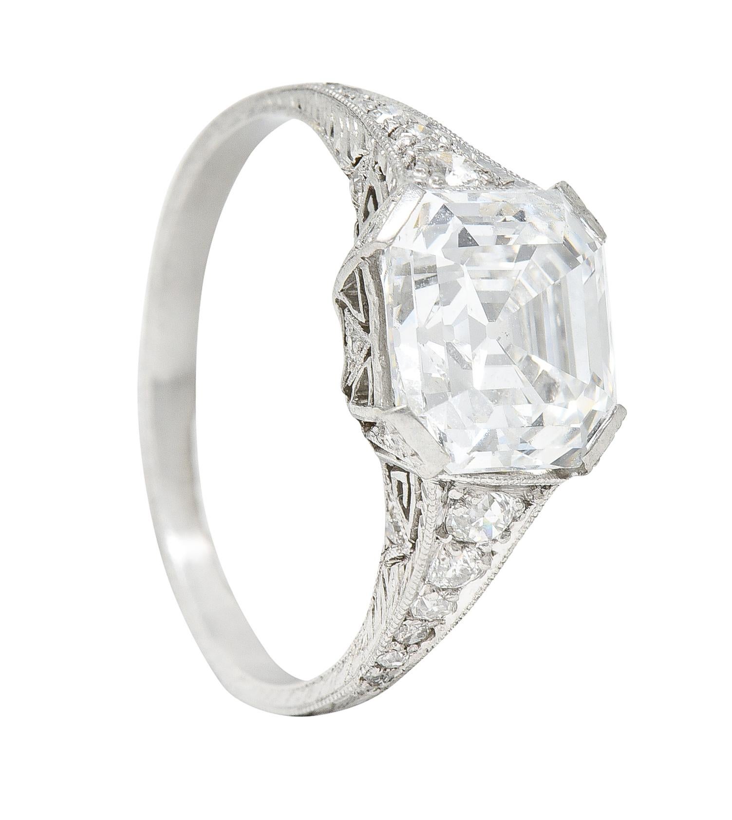 Art Deco 3.17 Carats Asscher Diamond Platinum Engagement Ring GIA For Sale 5