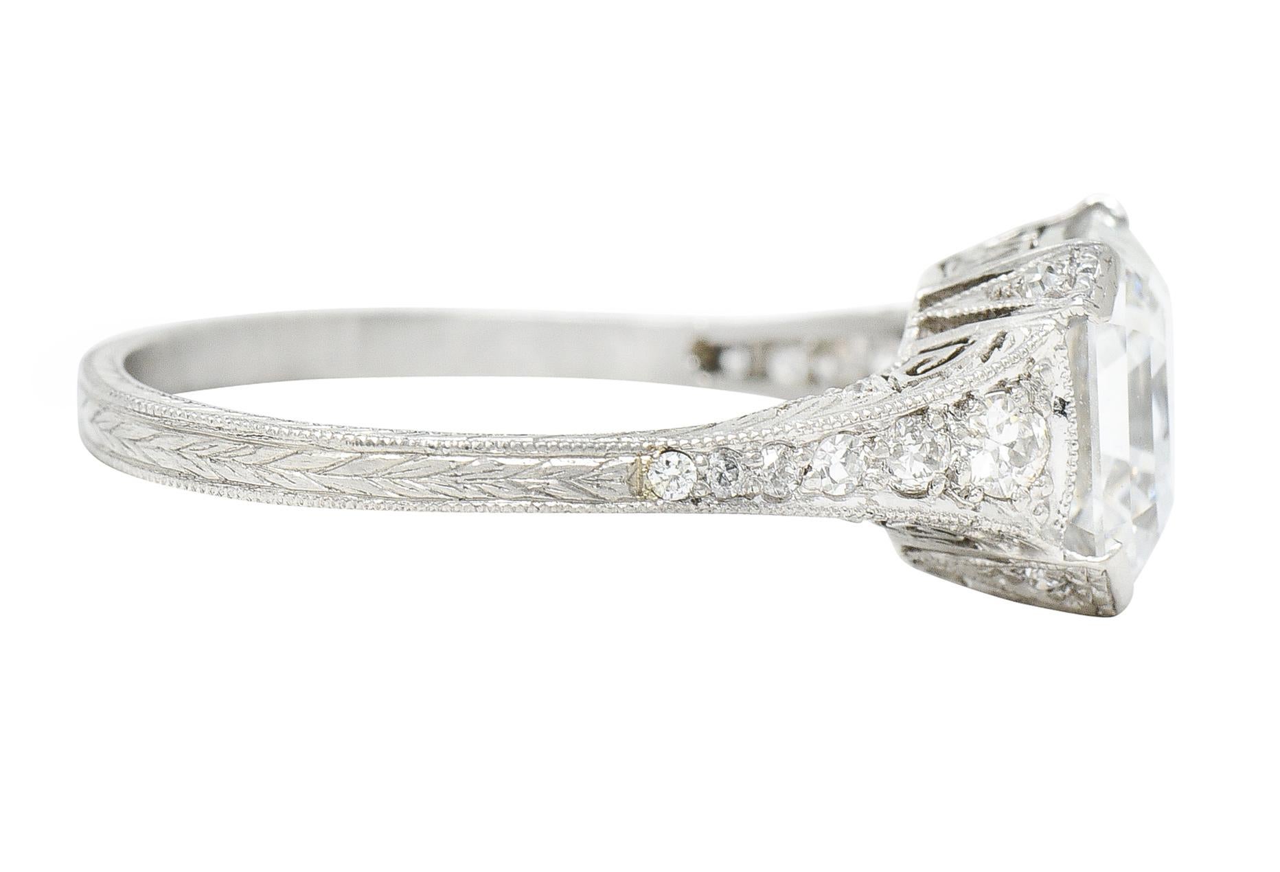 Asscher Cut Art Deco 3.17 Carats Asscher Diamond Platinum Engagement Ring GIA For Sale