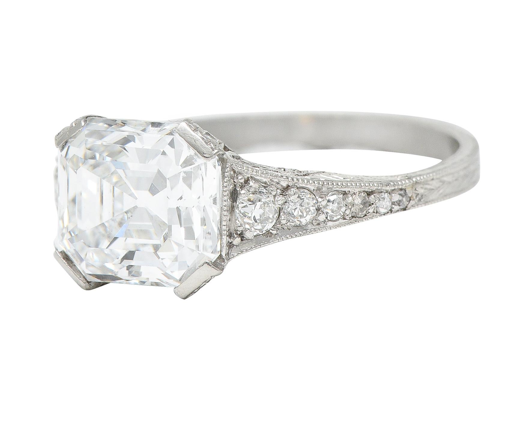 Art Deco 3.17 Carats Asscher Diamond Platinum Engagement Ring GIA For Sale 1