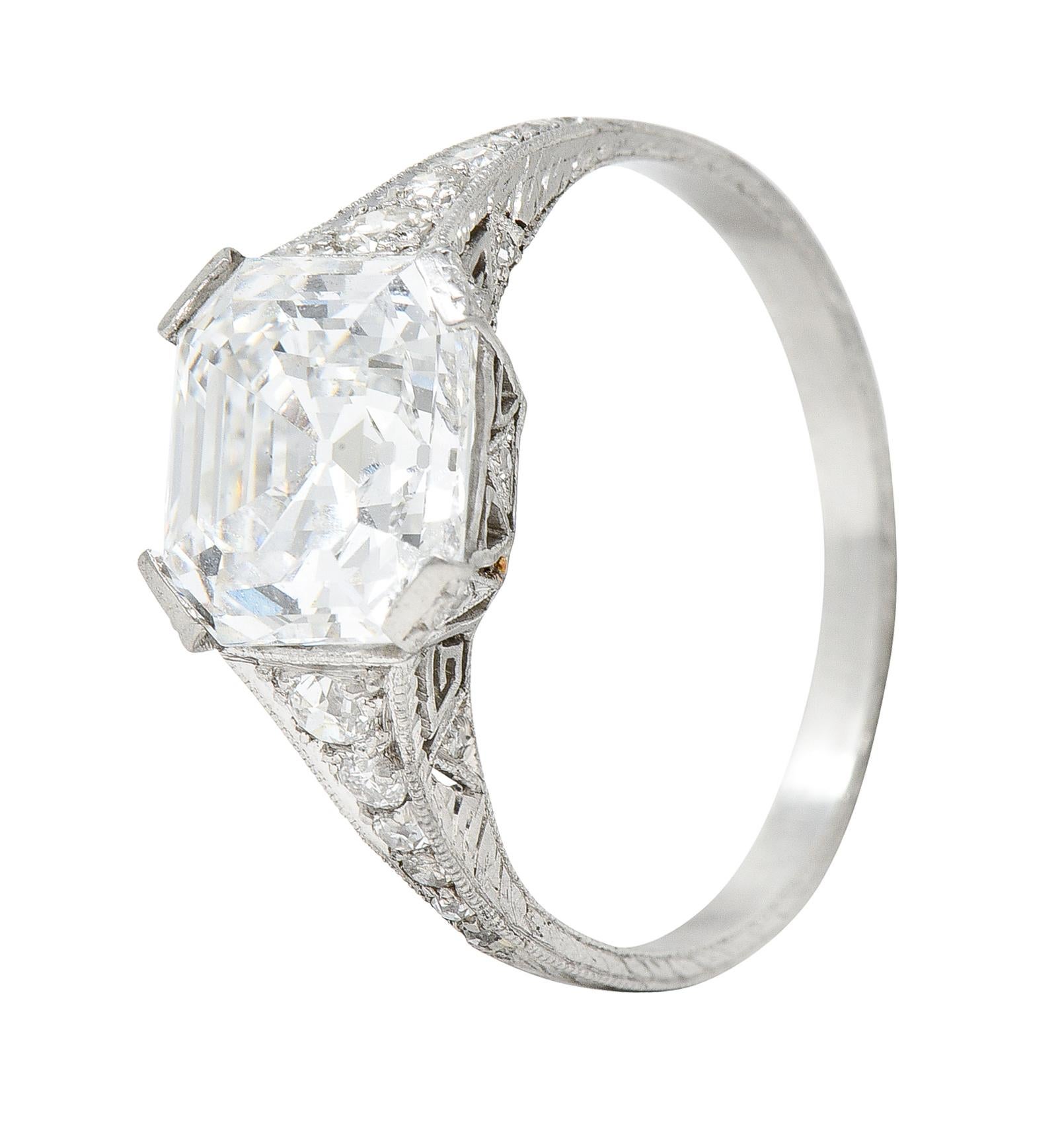 Art Deco 3.17 Carats Asscher Diamond Platinum Engagement Ring GIA For Sale 2
