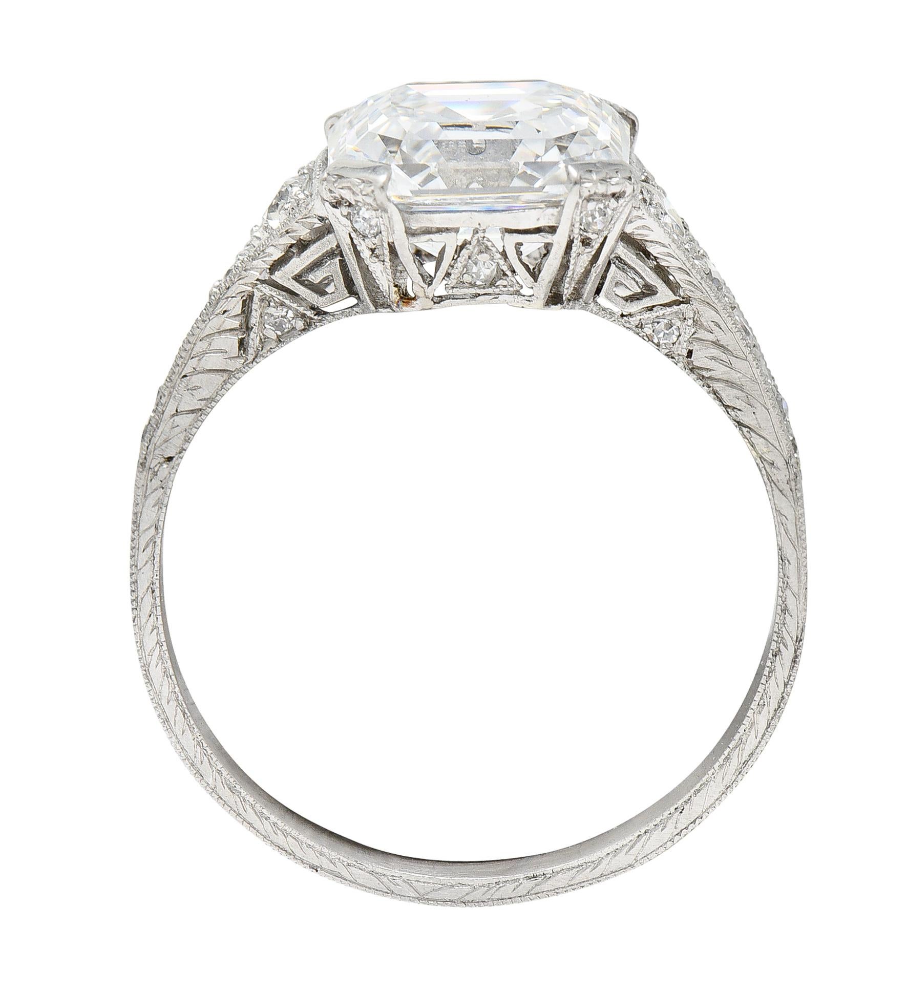 Art Deco 3.17 Carats Asscher Diamond Platinum Engagement Ring GIA For Sale 3
