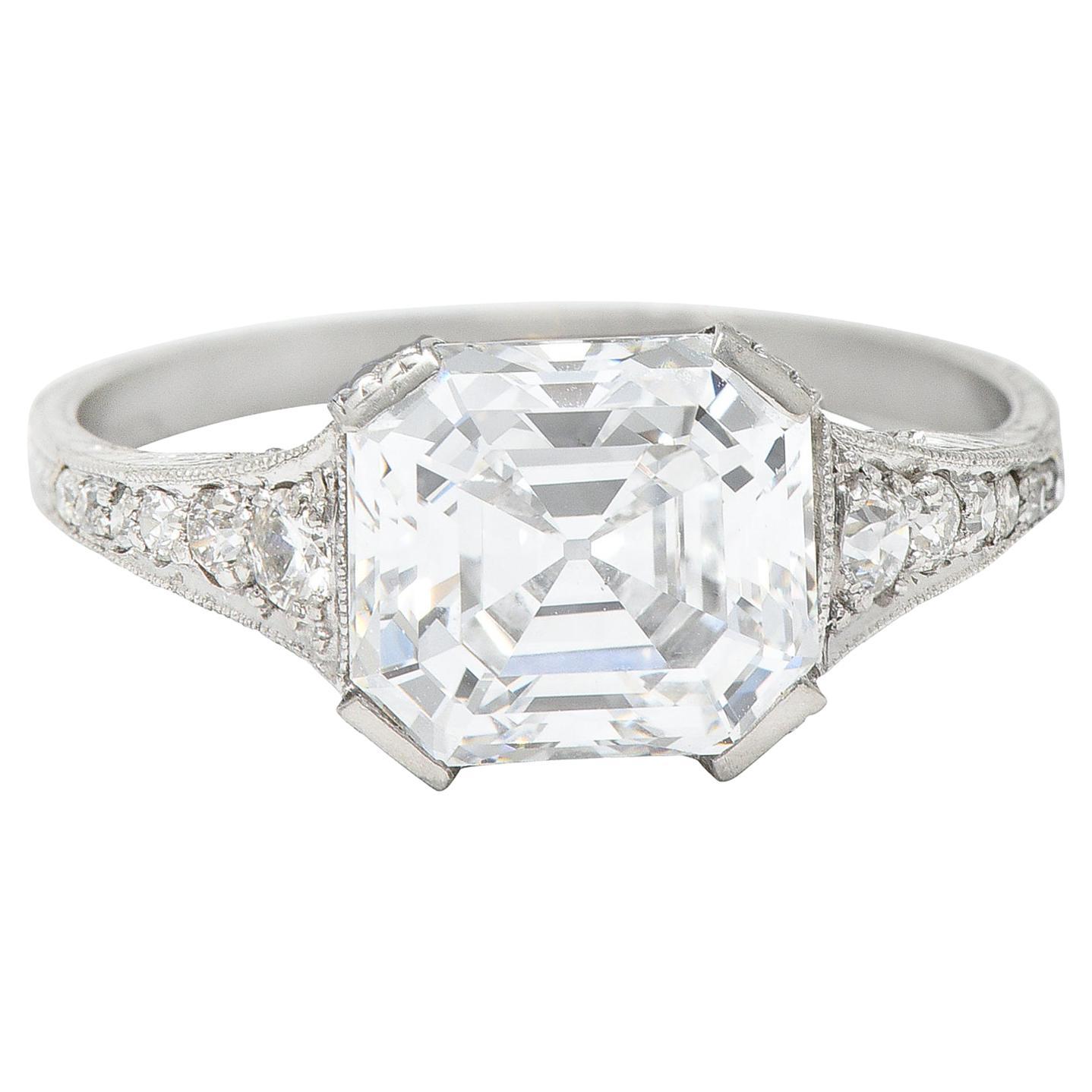 Art Deco 3.17 Carats Asscher Diamond Platinum Engagement Ring GIA For Sale