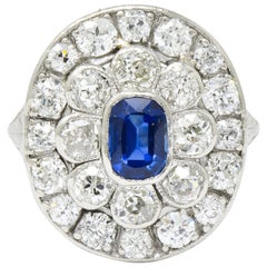 Art Deco 3.18 Carat Sapphire Diamond Platinum Cluster Dinner Ring