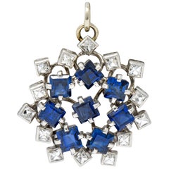 Art Deco 3.18 Carat Sapphire Diamond Platinum Starburst Pendant