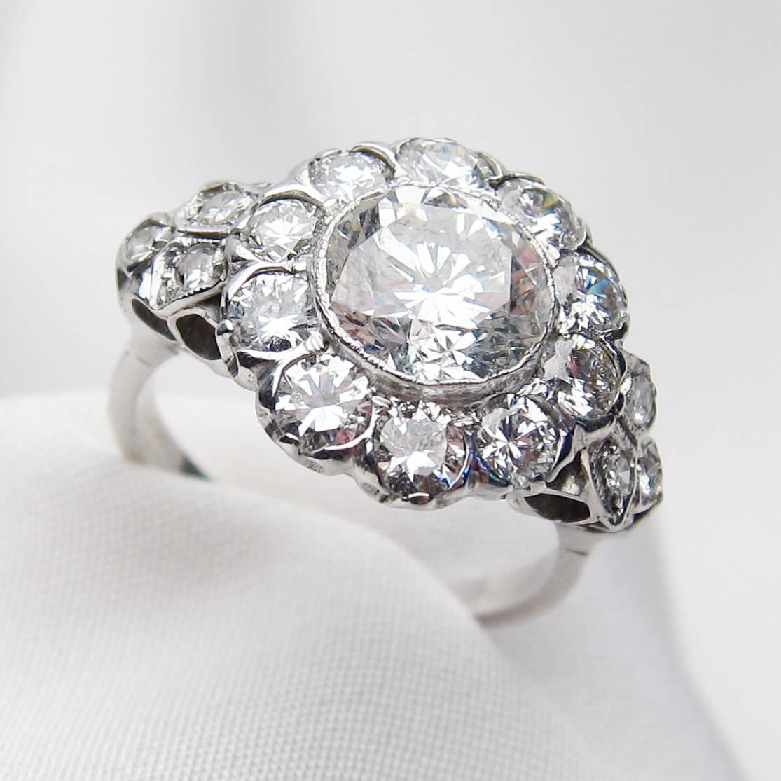 Art Deco 3.19 Carat Diamond 18 Karat White Gold Halo Engagement Ring In Excellent Condition For Sale In Seattle, WA