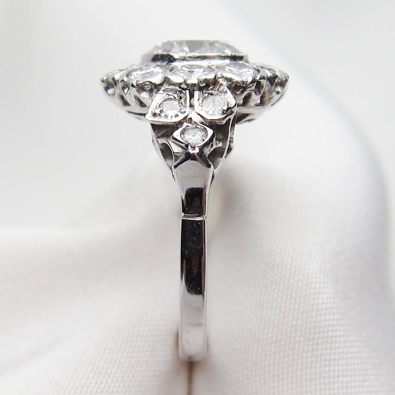 Women's Art Deco 3.19 Carat Diamond 18 Karat White Gold Halo Engagement Ring For Sale