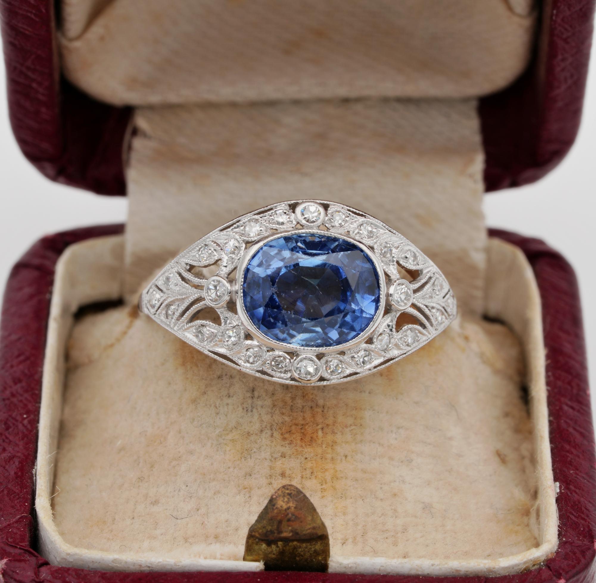 Sorry mistake in the price

Lost in the Blue!
Superb, attractive, Art Deco ring, expressing the everlasting charm of the refined design of this particular and distinctive era in jewellery – 1920 ca
Artistry made of solid Platinum, tested and