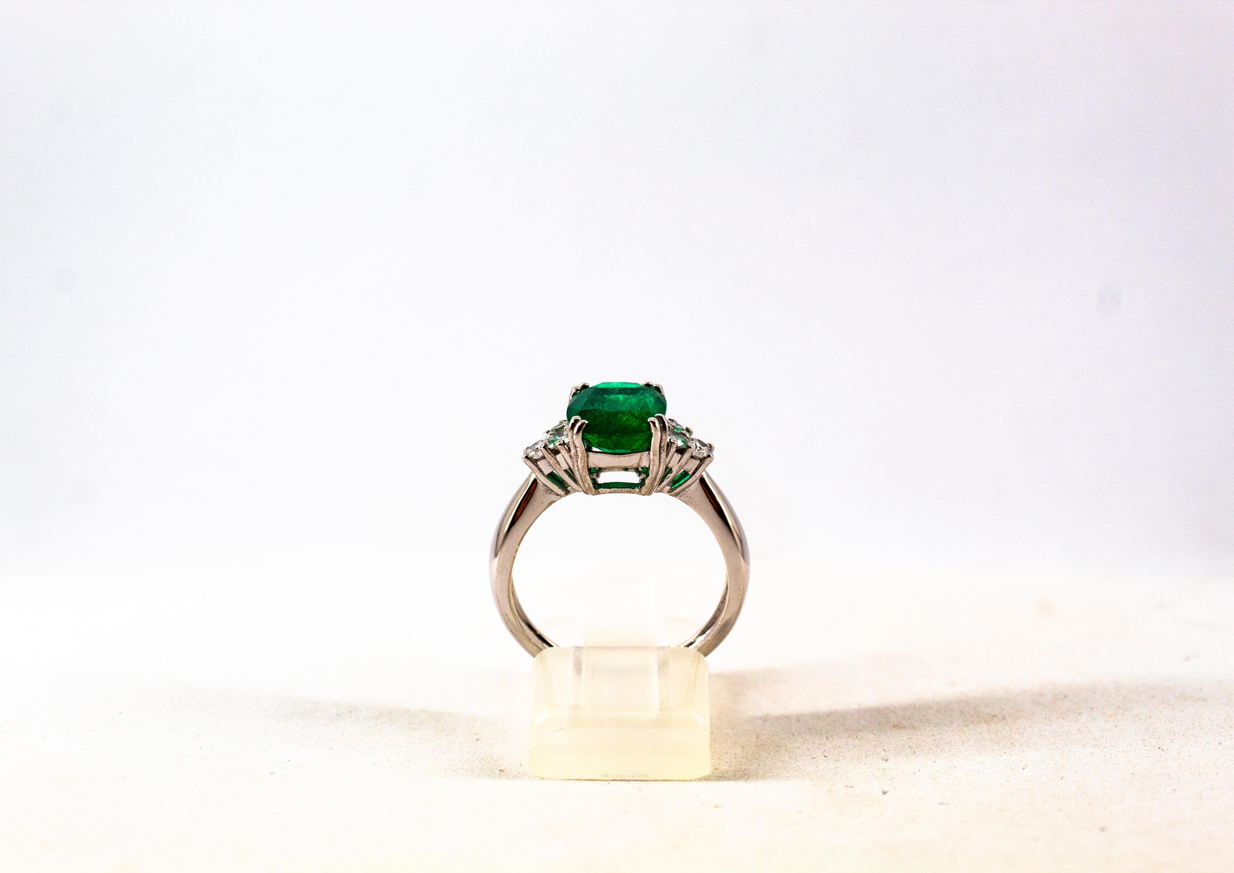 Women's or Men's Art Deco Style 3.22 Carat Emerald 0.36 Carat Diamond White Gold Cocktail Ring