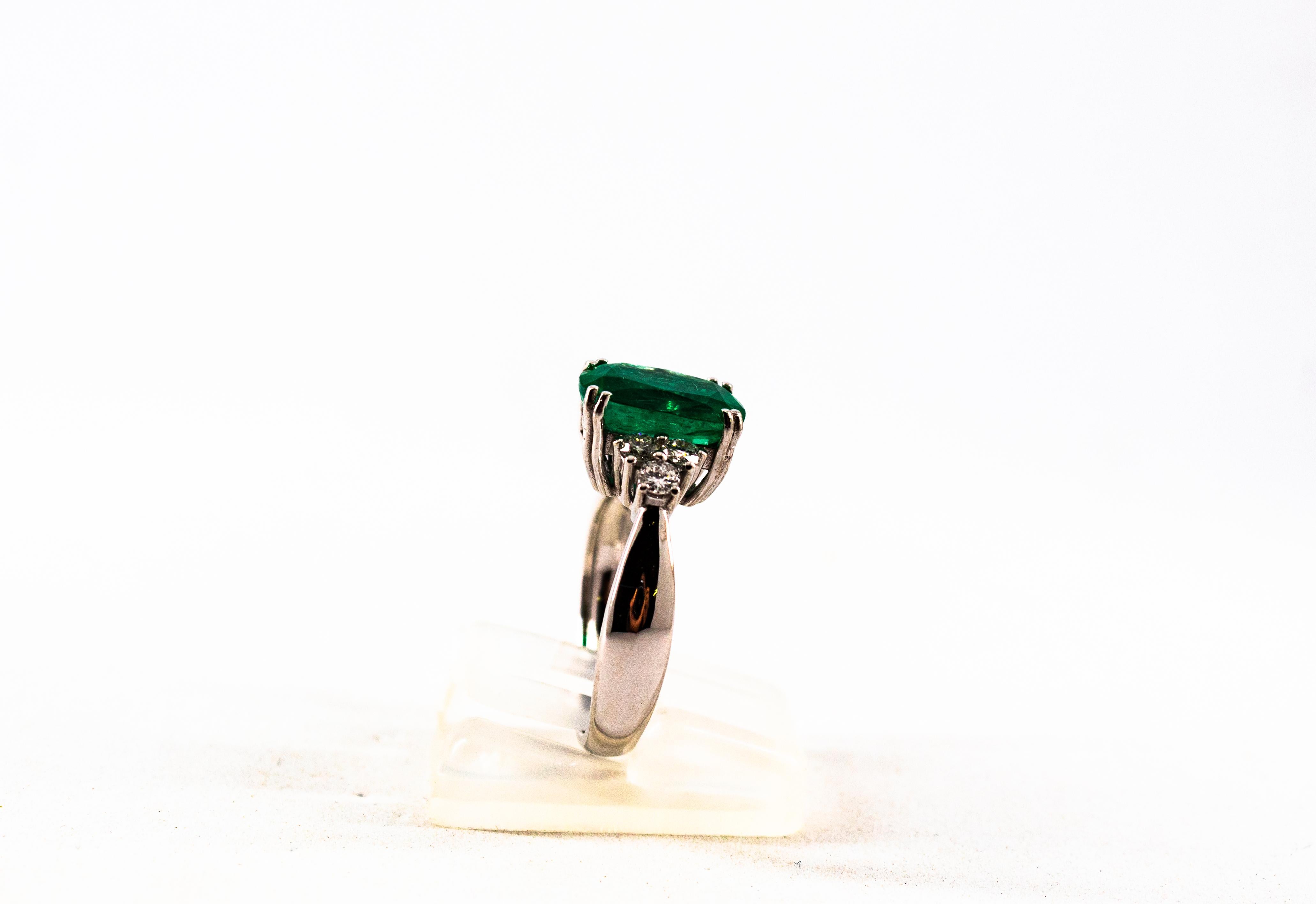 Art Deco Style 3.22 Carat Emerald 0.36 Carat Diamond White Gold Cocktail Ring 2