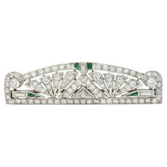 Art Deco 3,22 Karat Smaragd Diamant Platin Streamline Geometrische Unisex-Brosche
