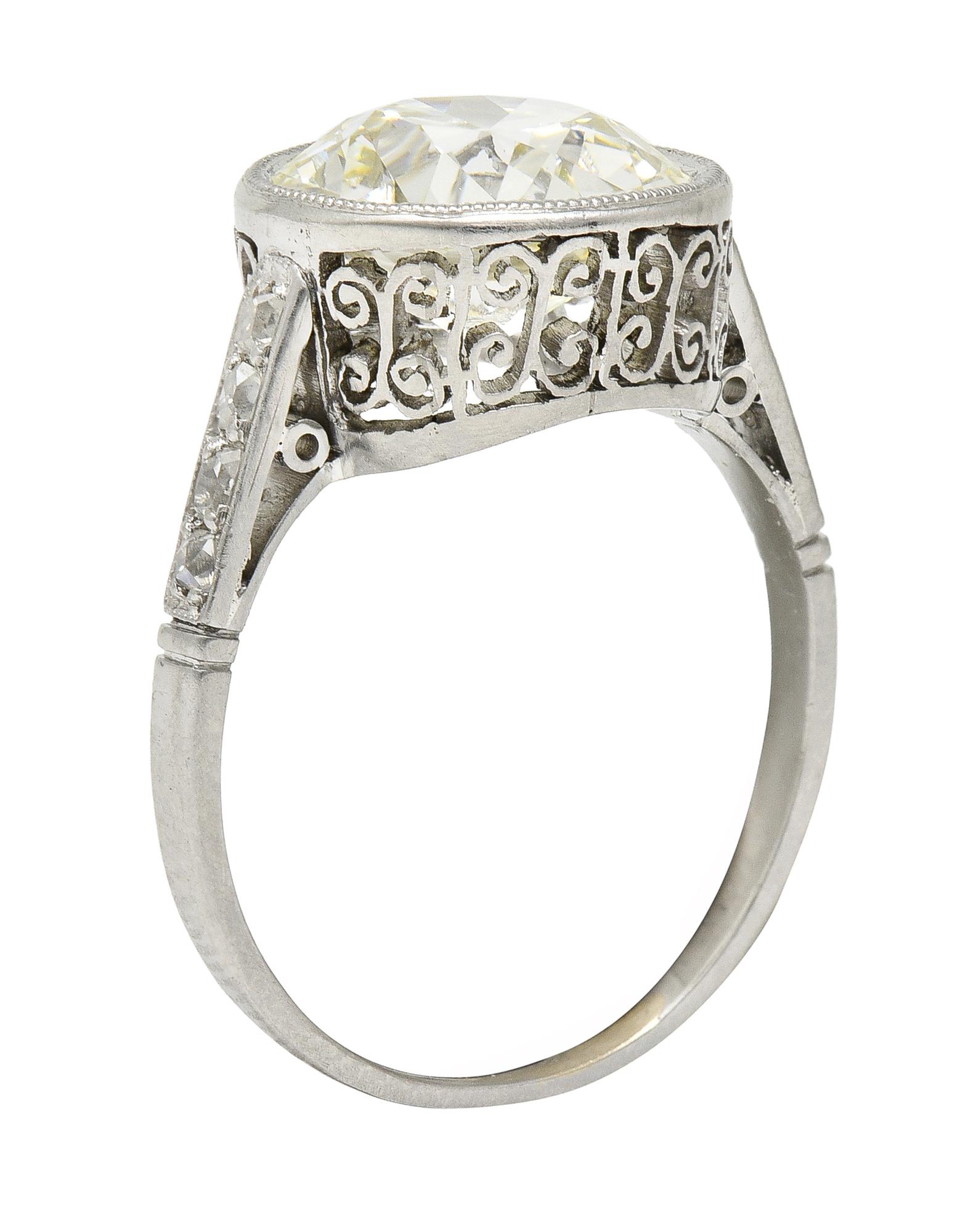 Verlobungsring, Art déco, 3,22 Karat europäischer Diamant, Platin-Lünette, GIA 5