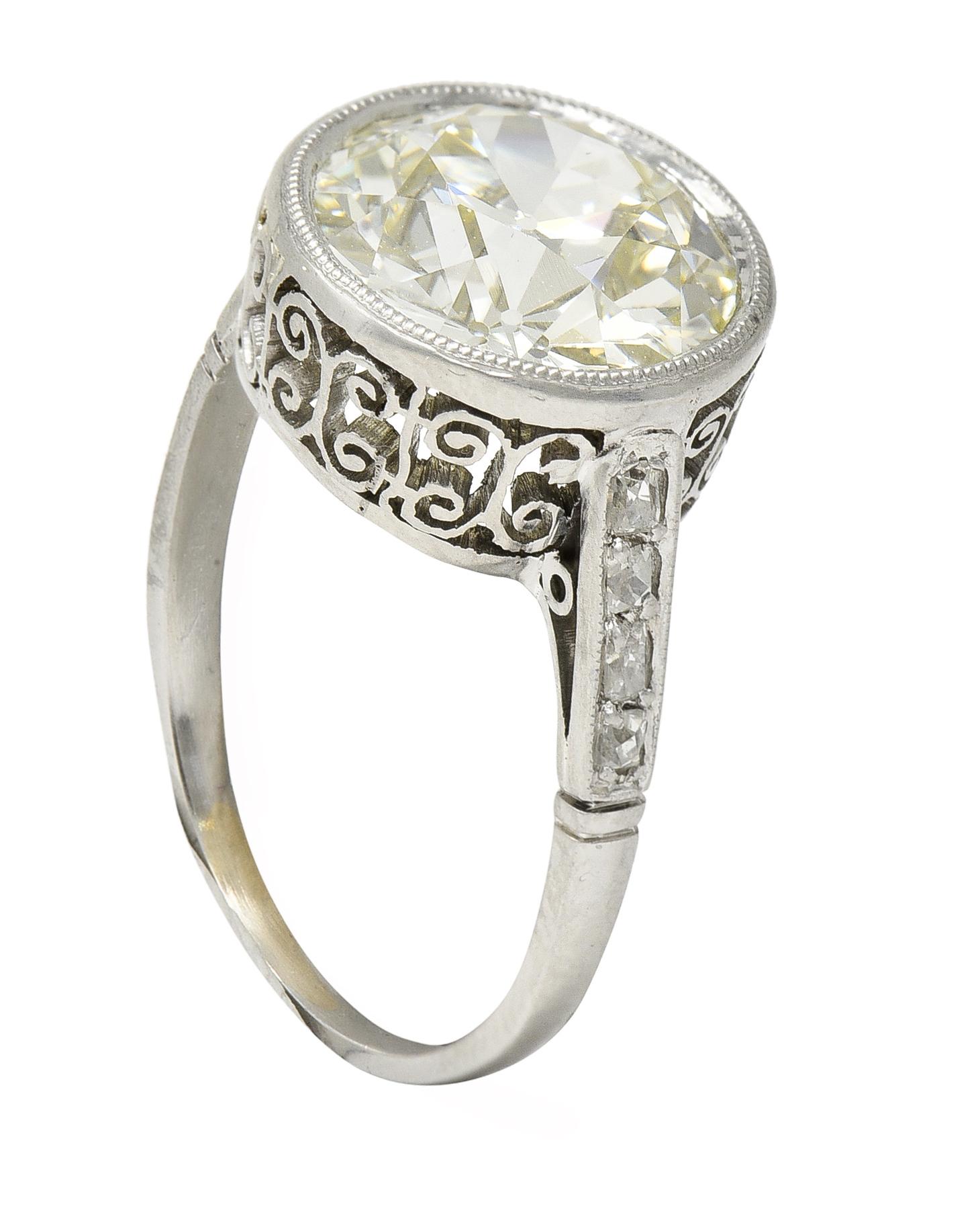 Art Deco 3.22 CTW European Diamond Platinum Bezel Vintage Engagement Ring GIA In Excellent Condition In Philadelphia, PA