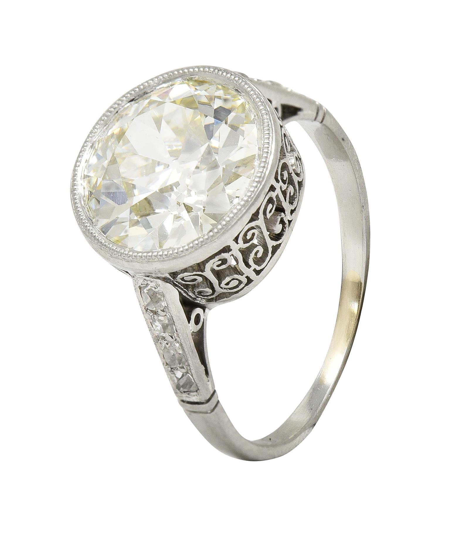 Women's or Men's Art Deco 3.22 CTW European Diamond Platinum Bezel Vintage Engagement Ring GIA