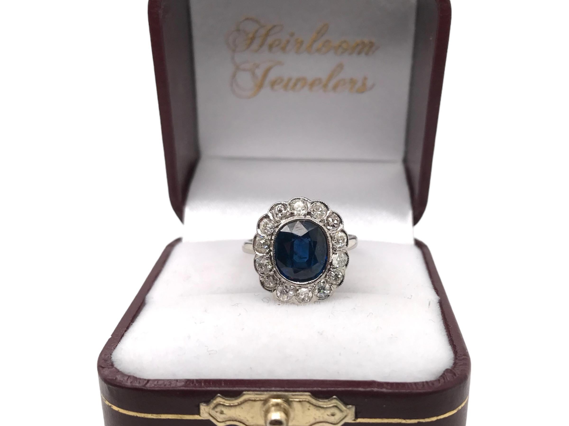Art Deco 3.25 Carat Sapphire & Diamond Platinum Ring For Sale 10