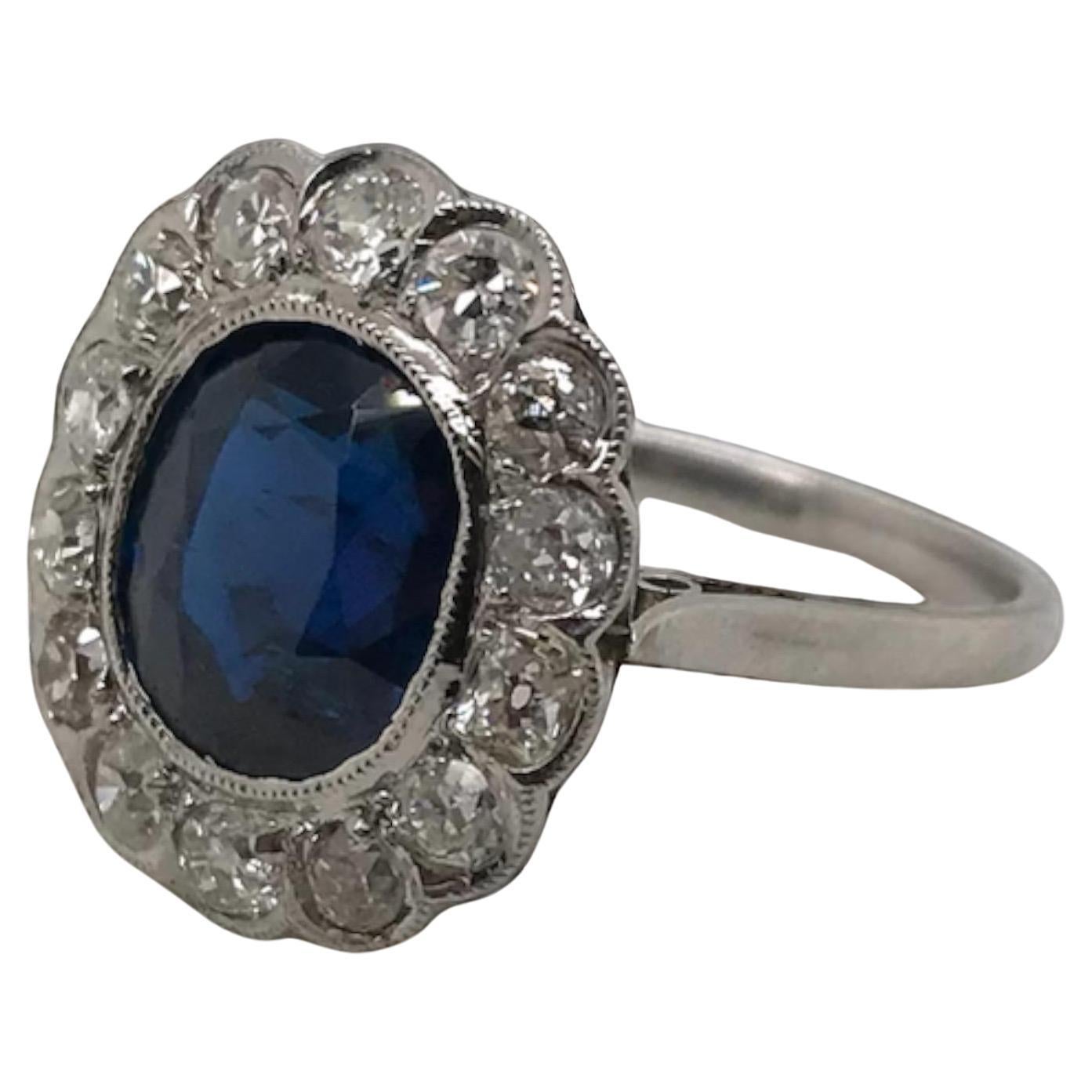 Art Deco 3.25 Carat Sapphire & Diamond Platinum Ring