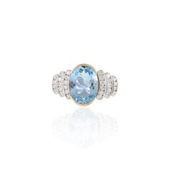 Art Deco 3.25 CTW Big Aquamarine and Diamond Cocktail Ring 18k Solid White Gold