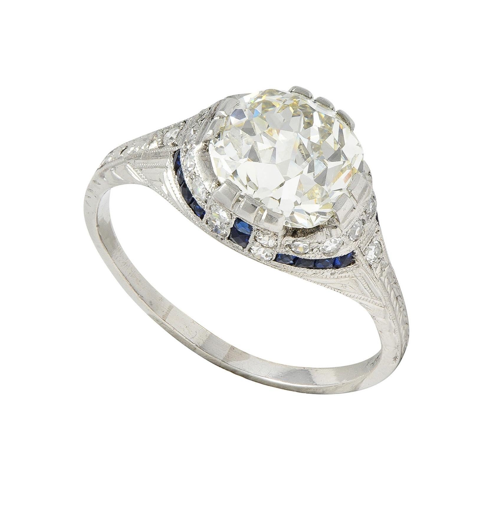 Art Deco 3.29 CTW Jubilee Diamond Sapphire Platinum Vintage Engagement Ring GIA For Sale 5