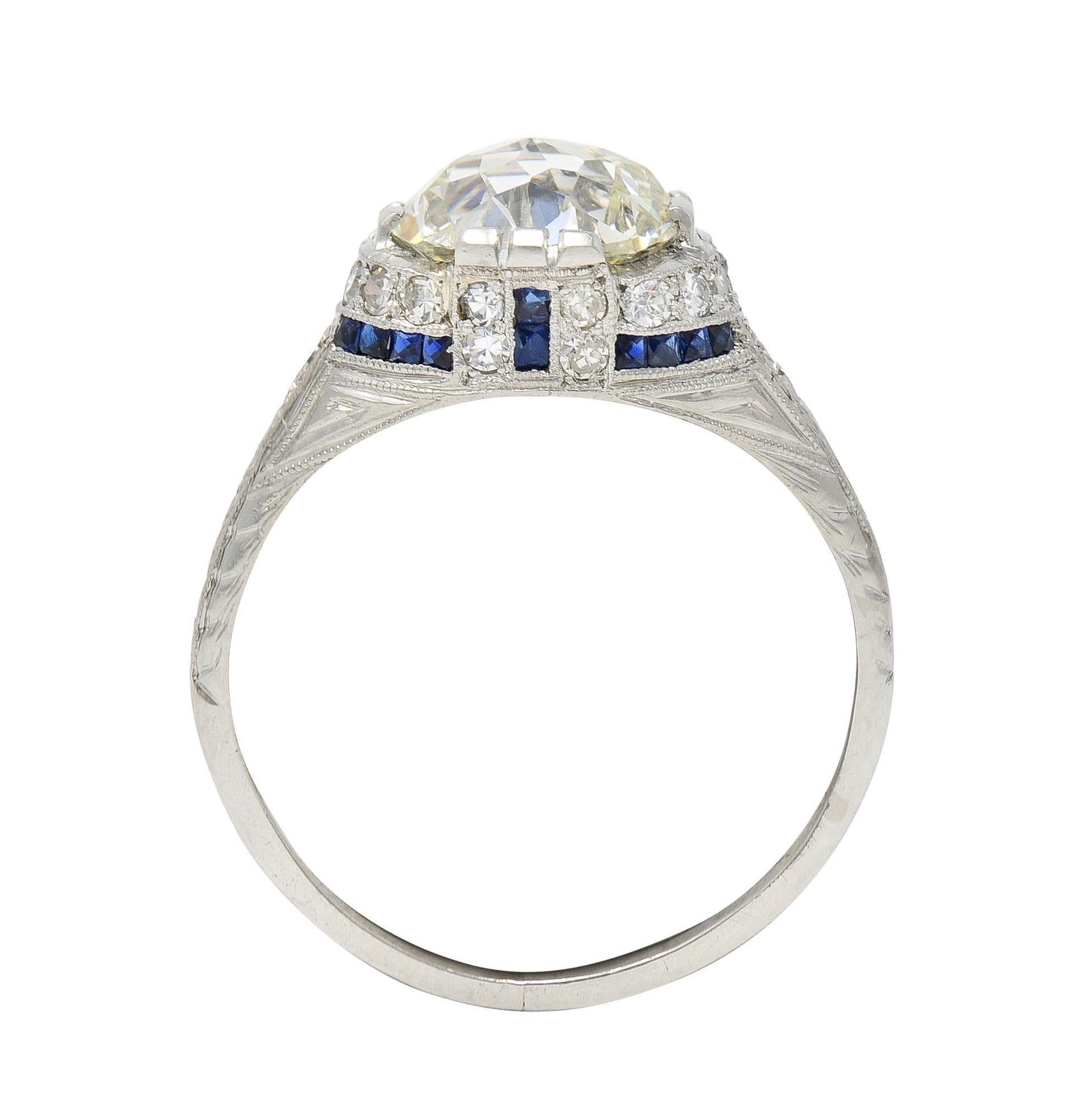Art Deco 3.29 CTW Jubilee Diamond Sapphire Platinum Vintage Engagement Ring GIA For Sale 6