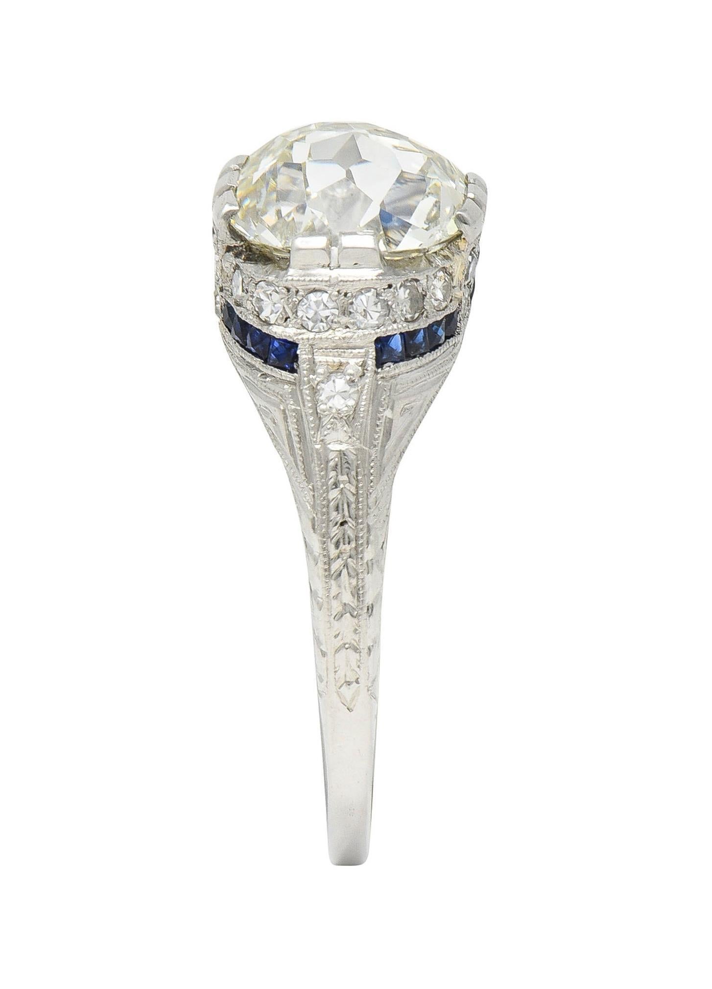Art Deco 3.29 CTW Jubilee Diamond Sapphire Platinum Vintage Engagement Ring GIA For Sale 7