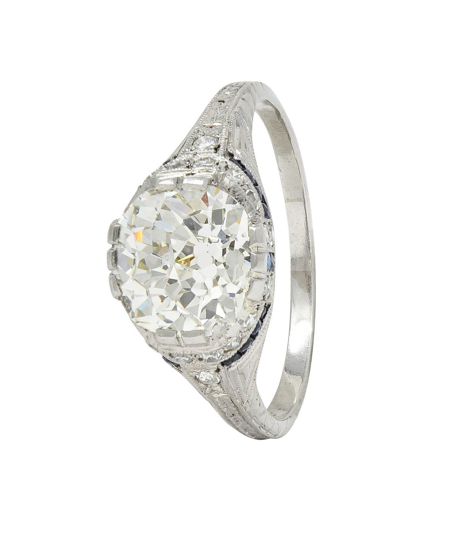 Art Deco 3.29 CTW Jubilee Diamond Sapphire Platinum Vintage Engagement Ring GIA For Sale 8
