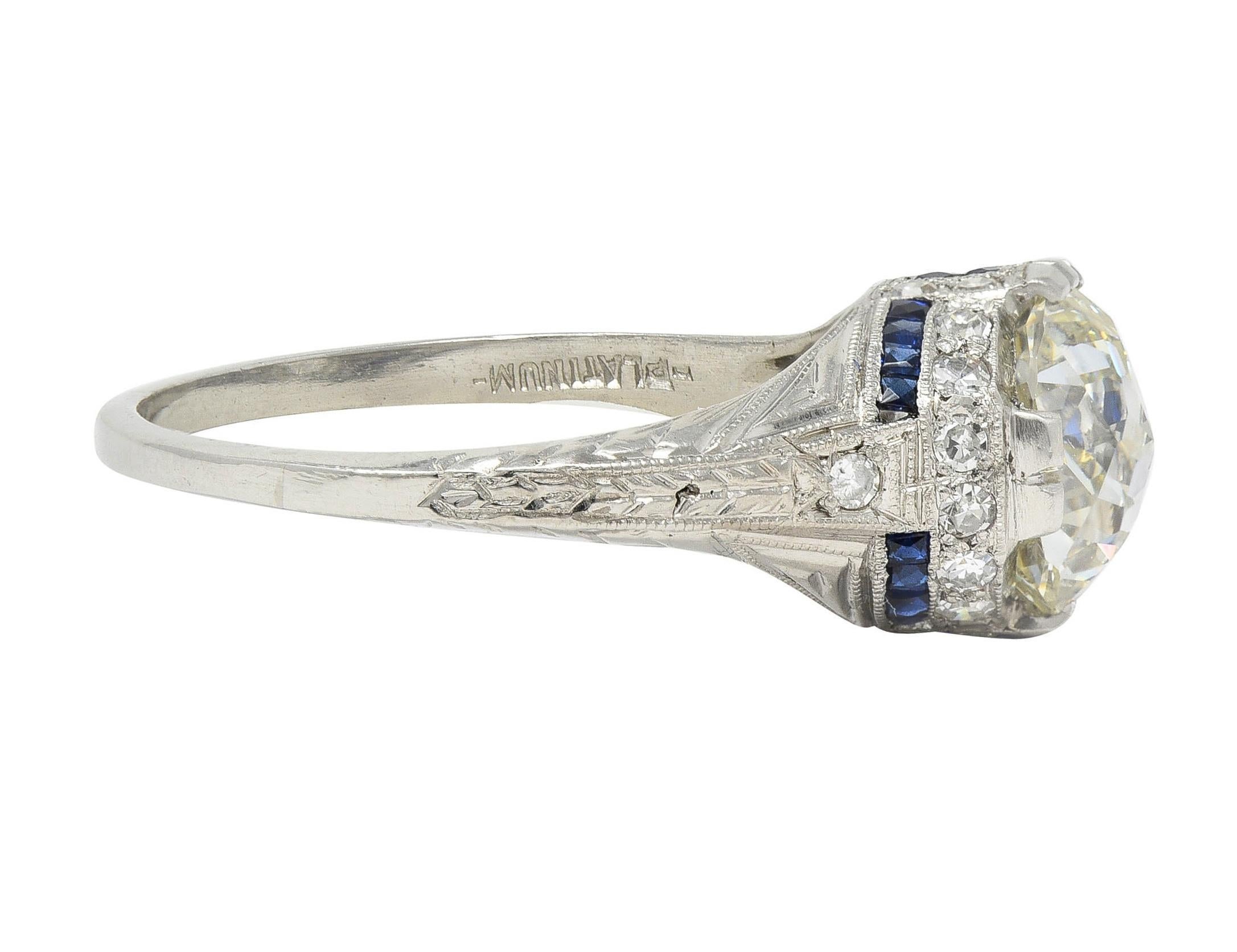 Women's or Men's Art Deco 3.29 CTW Jubilee Diamond Sapphire Platinum Vintage Engagement Ring GIA For Sale