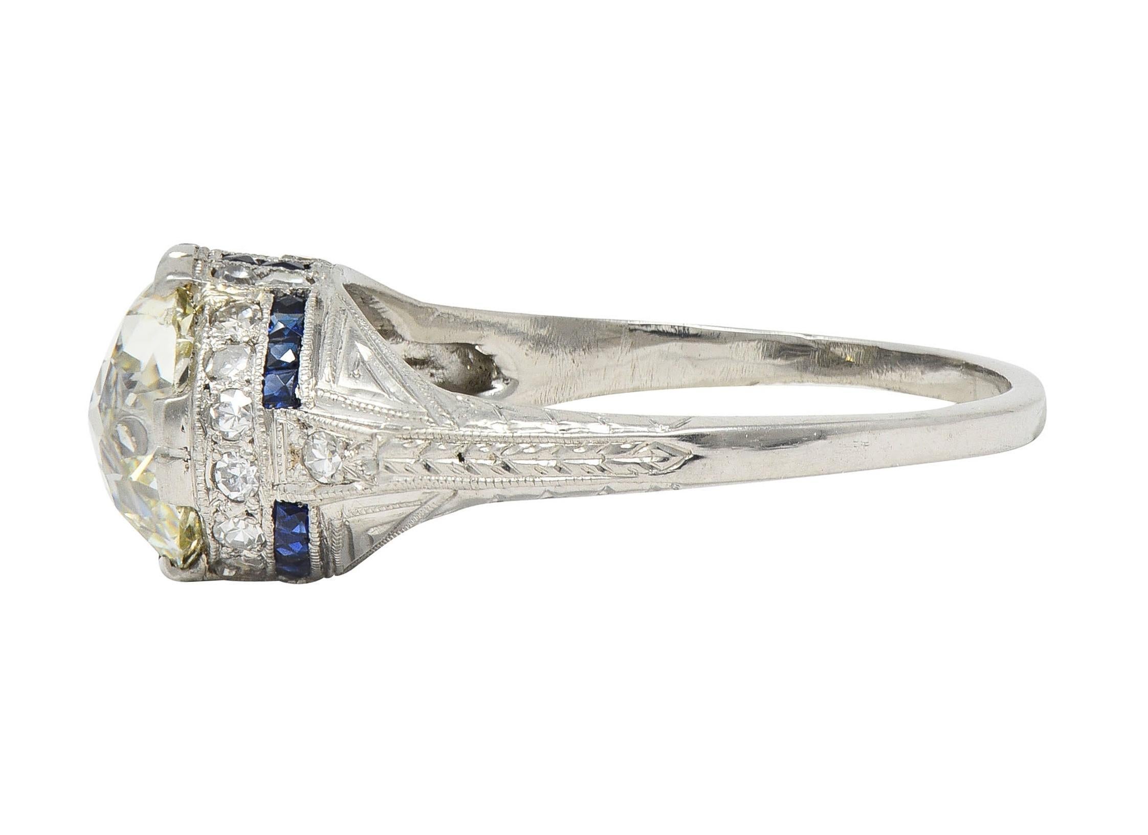 Art Deco 3.29 CTW Jubilee Diamond Sapphire Platinum Vintage Engagement Ring GIA For Sale 2